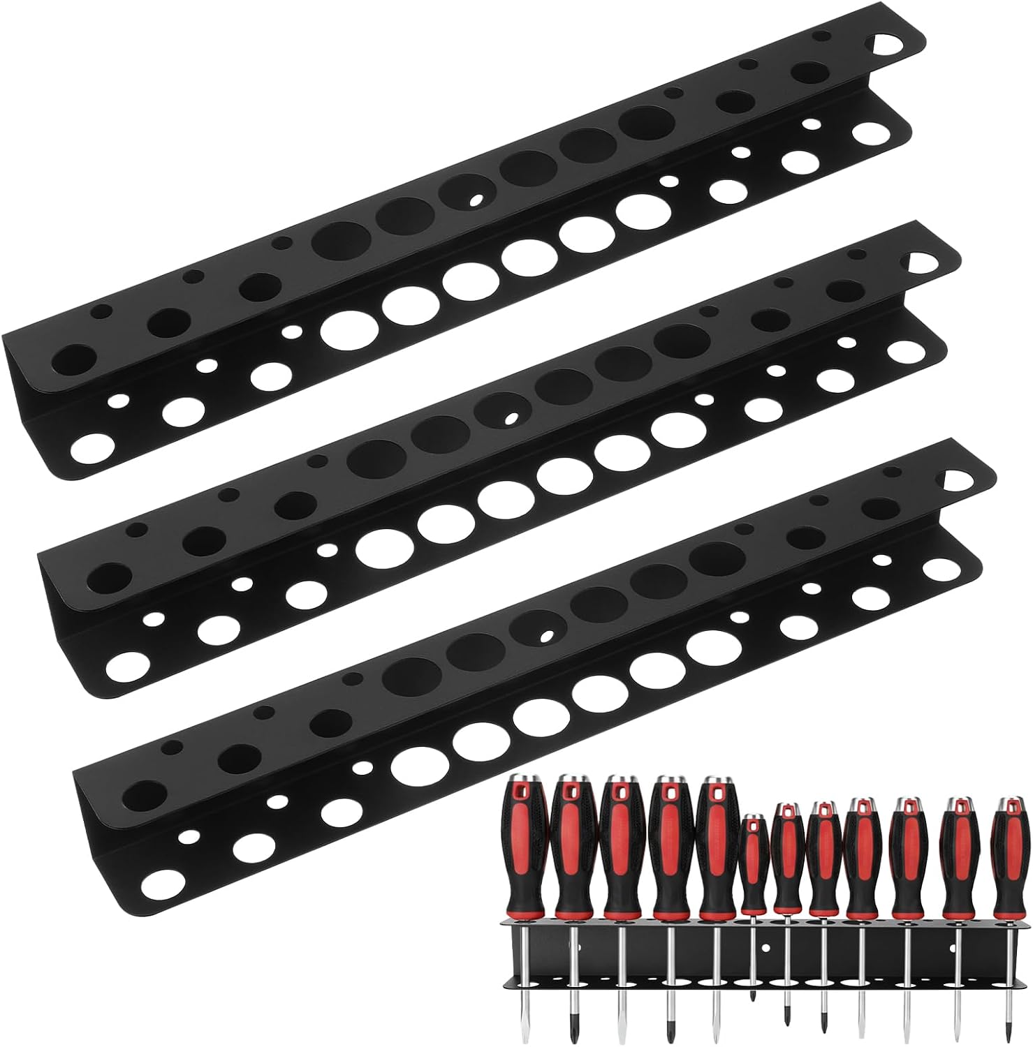 3 Pack Screwdriver Organizer, 15.75 Inch Black Heavy Duty | Alloy Tool Storage Rack Wall Mounted OrganizerHand Tool Hammer Pliers Storage Rack for Garages Workshops and Sheds