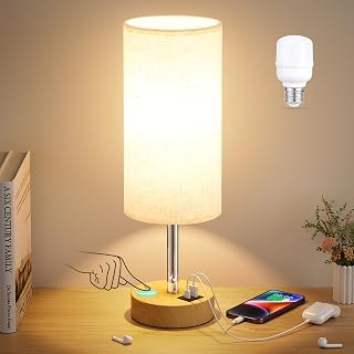 Dicoool Touch Bedside Table Lamp with USB A & C Charging - 3 Way Dimmable 14in Wooden Nightstand Lamp for Bedroom, Office, Dorm