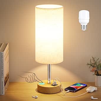 Dicoool Touch Bedside Table Lamp with USB - 3 Way Dimmable Wood Lamp for Bedroom Nightstand, Desk...