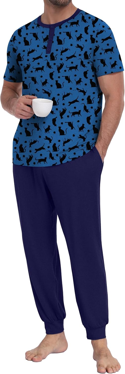 PrinStory Mens Pajamas Set Short Sleeve Pjs Sets 2 Piece Soft Pajama Henley Neckline Loungewear Sets with Pockets