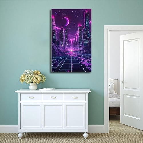 Miniatura 4 de XAHOR Retro-Futurism Vaporwave Wall Art  Neon Synthwave Poster, 80s Sci-Fi Aesthetic Cityscape Print Canvas Wall Art Print Poster For Home School