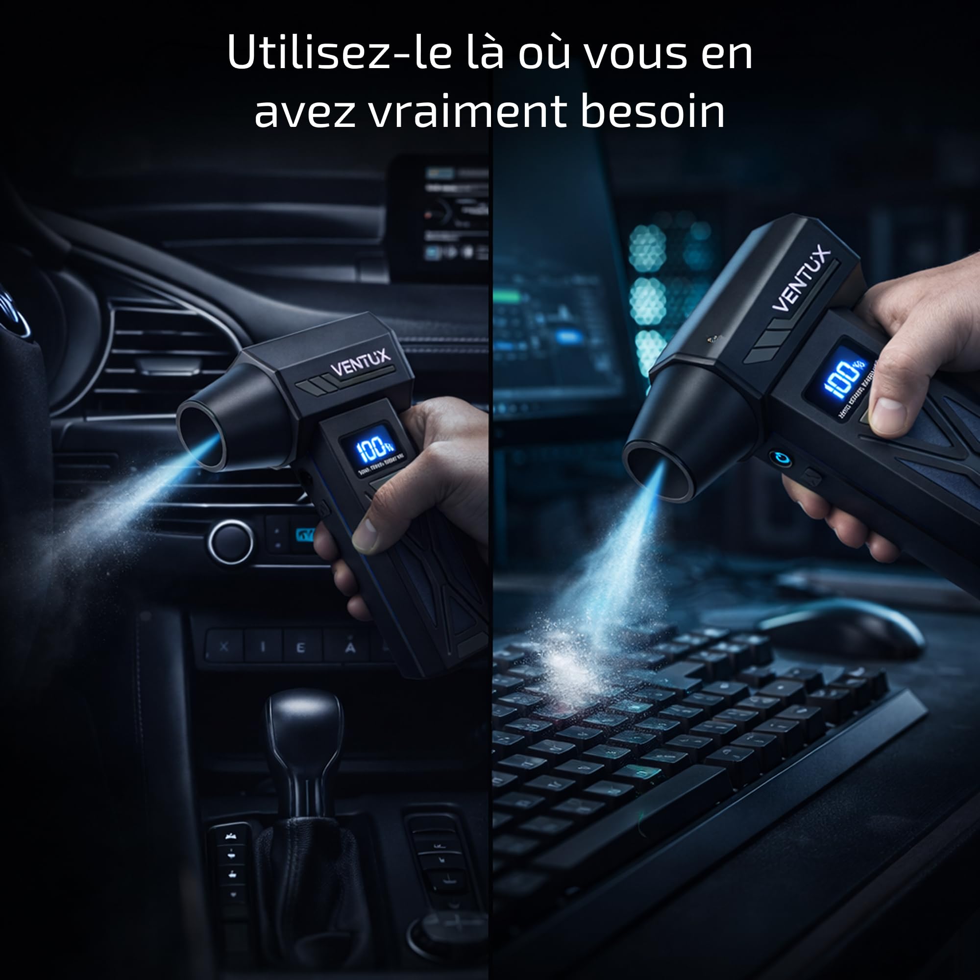 AeroBoost P70 110W – Souffleur d'Air Portable Sans Fil Rechargeable | 4 Vitesses Écran LCD + LED | 4 Buses Interchangeables | Nettoyage Clavier PC, Voiture, Caméra, Console