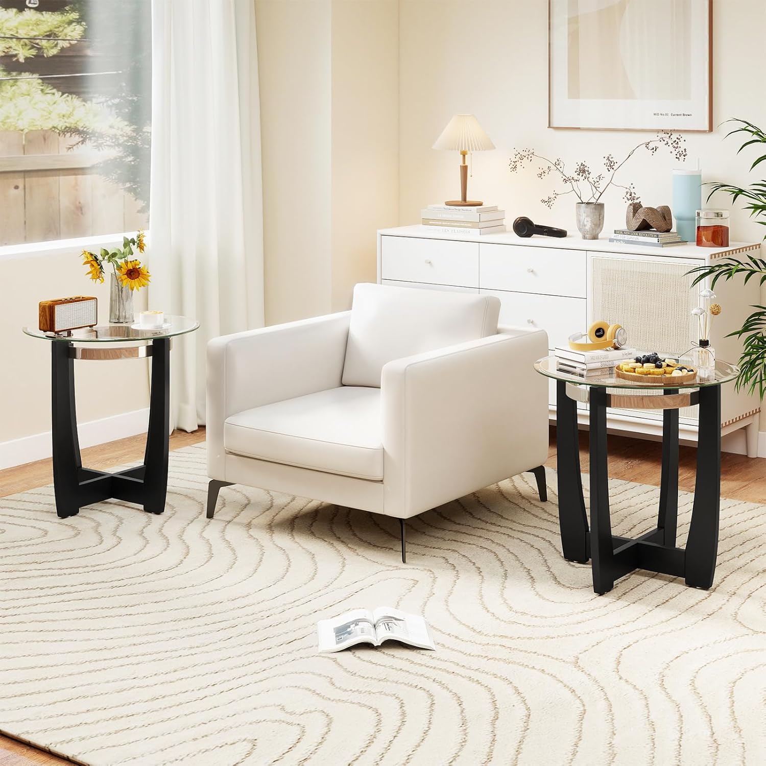 Giantex Round Glass End Table - 24’’ Side Table with Tempered Glass Top, Nightstand with Cross & Solid Rubber Wood Base, Compact Bedside Night Stand for Bedroom Office Living Room (1, Black)