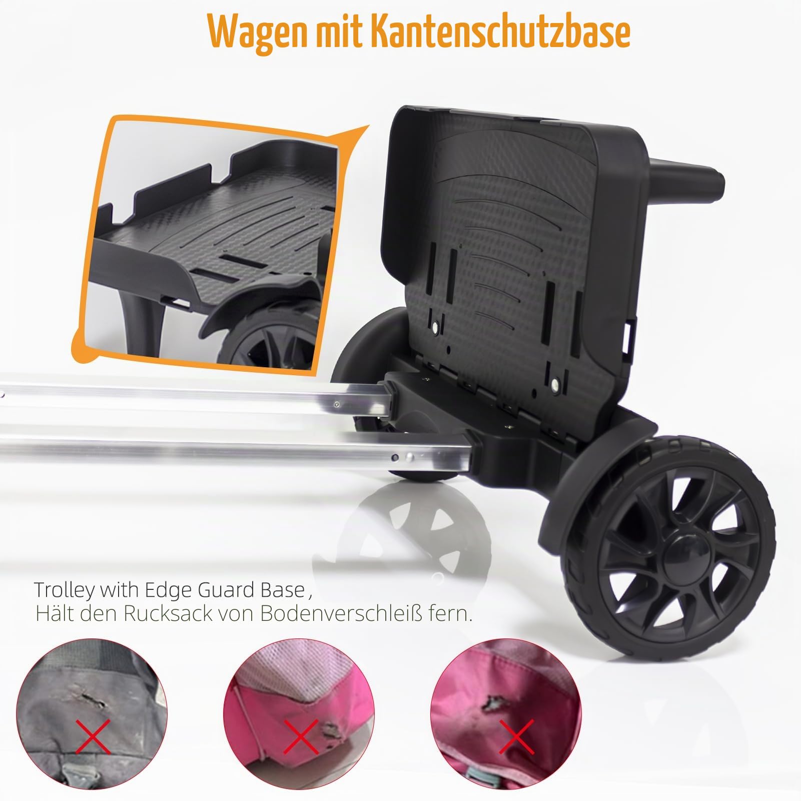 Faltbarer Rucksackwagen aus Aluminium mit großen Rädern, Stabiler Gepäckwagen mit Kantenschutz, Transportwagen für Rucksack, Laptoptasche, Einkaufstasche & Reisen, leicht & tragbar