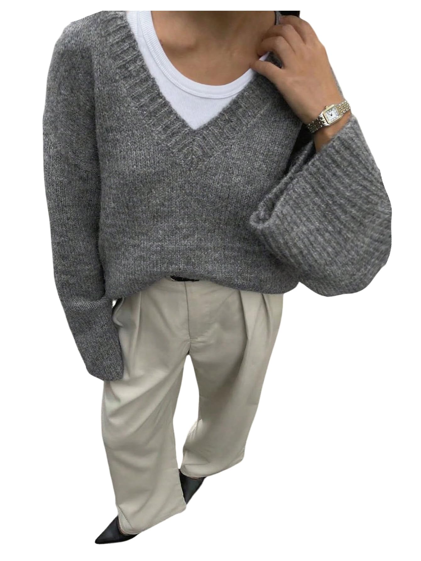MakeMeChic Womens Knitted Sweater Fall Long Sleeve V Neck Going Out Pullover Tops