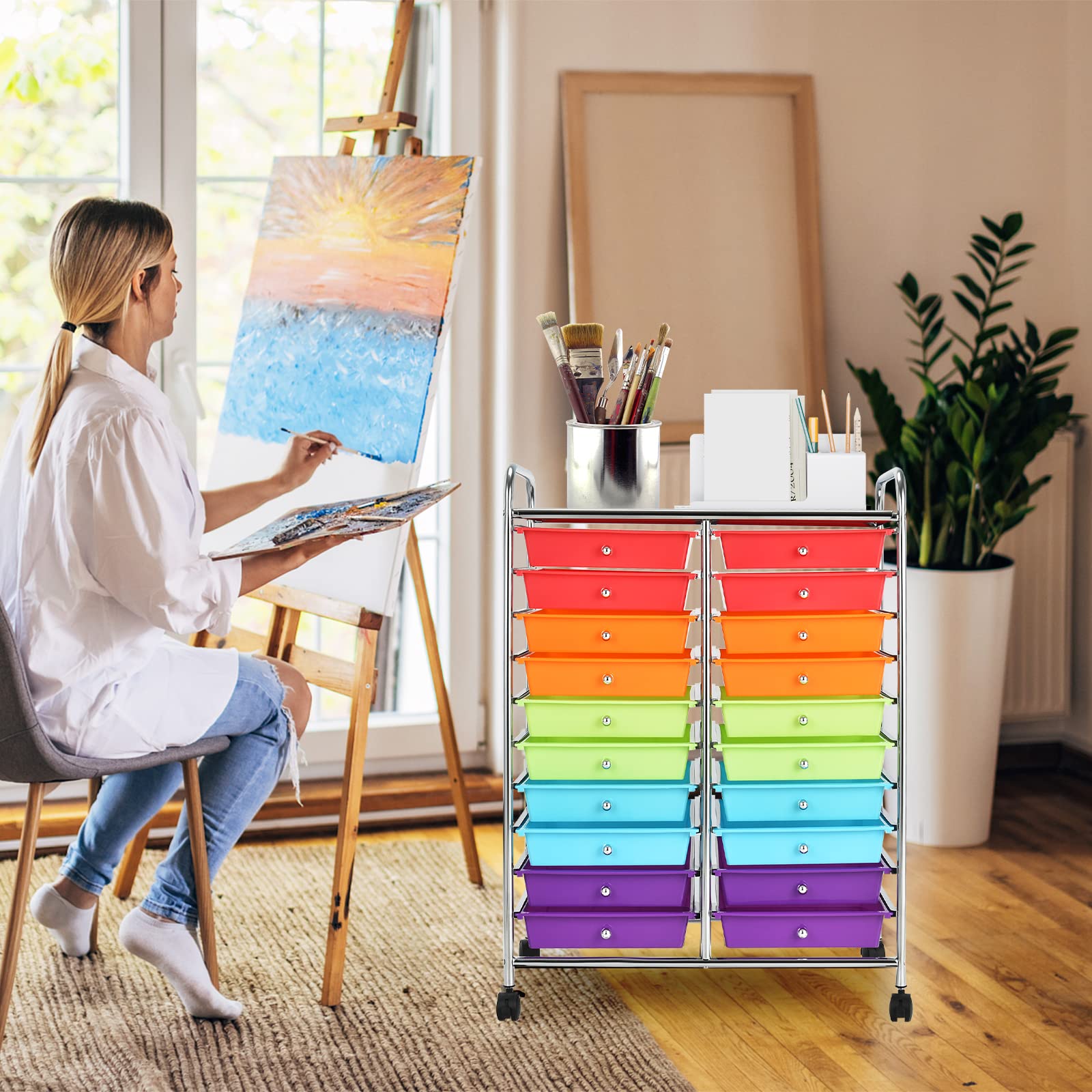 GOPLUS Chariot de Rangement 20 Tiroirs, Tour de Rangement à roulettes, Cadre en Acier, pour Chambre, Bureau, 64 x 38 x 87 CM, Multicolore