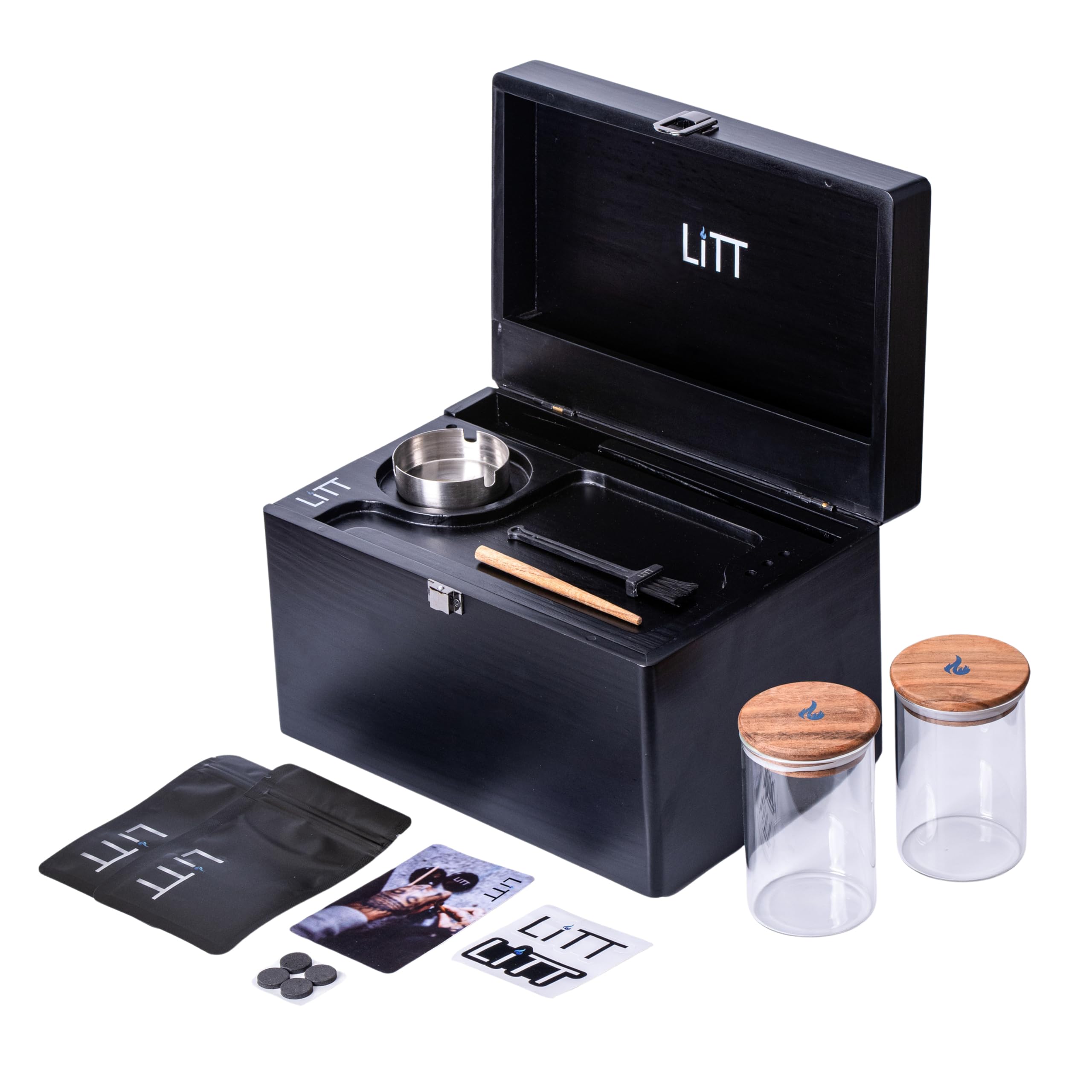 Litt Black Large Stash Trunk Box – Premium Wooden Storage Organizer With Combination Lock | Multi-Compartment Discreet Accessory Storage | Includes 2 Large Jars, Tray & Tools (Black)