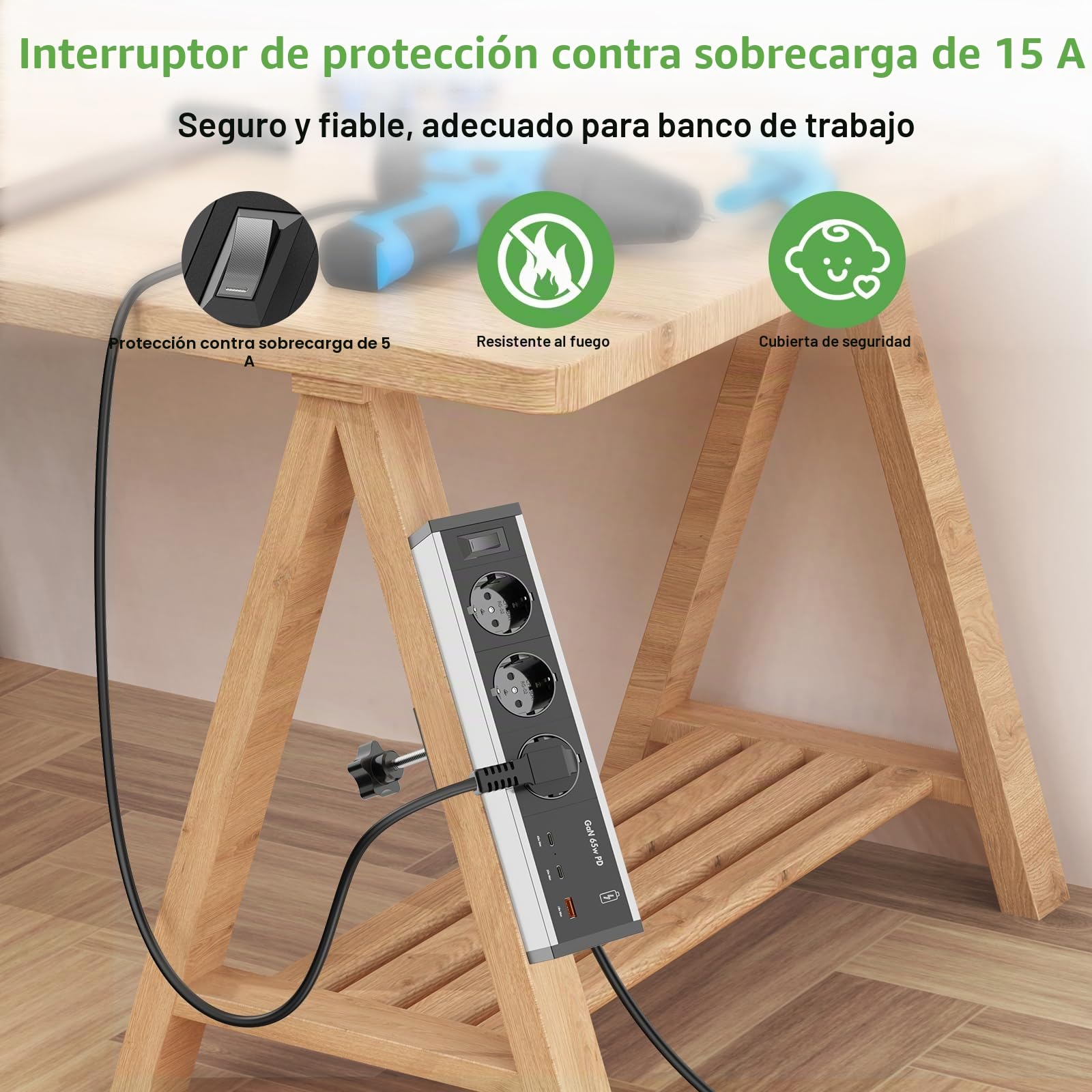 Enchufe de Mesa de Aluminio con 3 enchufes con 2 USB C GAN PD de 65 W y Cable de 3 m, regleta de enchufes para Escritorio con Interruptor, para casa, Oficina, Color Plateado y Negro
