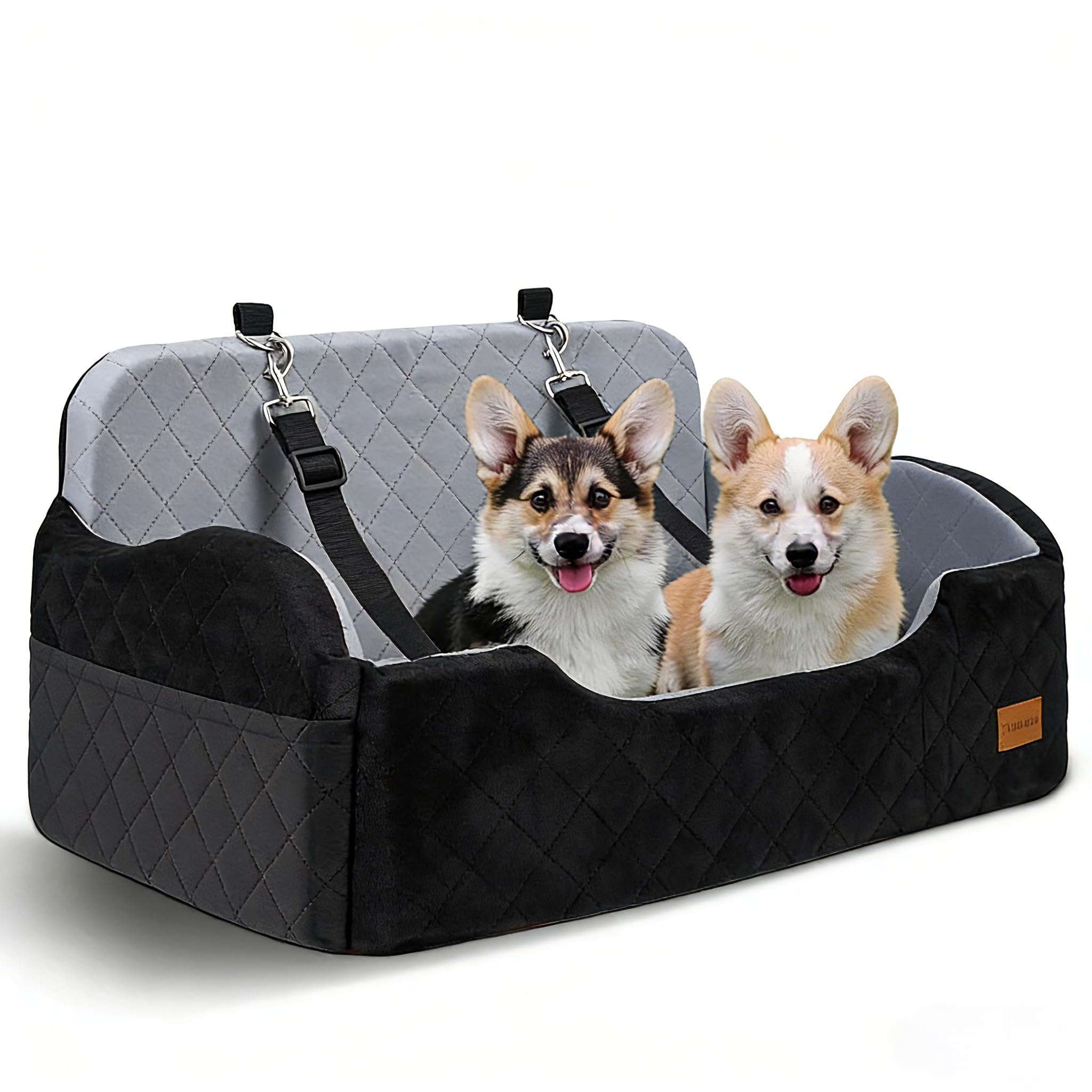 Hunde autositz für mittlerer/große Hunde, 2 Klipsbare Verstellbare Sicherheitsleine, Autohundebett für 2 Kleine Hundes, Vollständig Abnehmbare und Waschbare Karzsitz Aufbewahrungstaschen (Schwarz)
