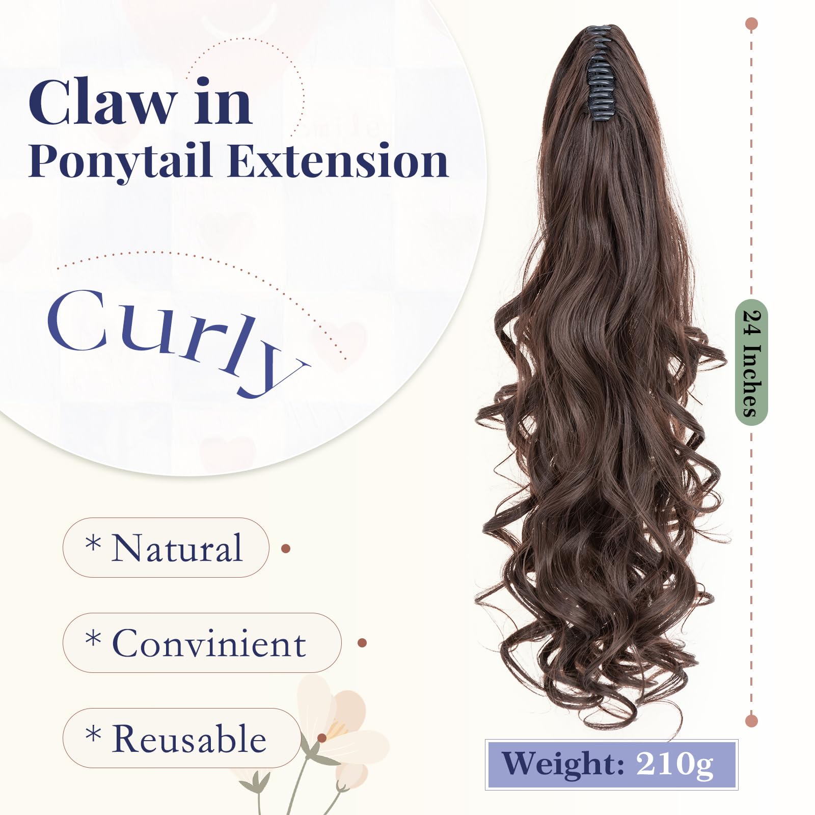 TESS 24'' Curly Ponytail Extensions, 210g Claw in Long Ponytail, Hair Pieces for Women Light Brown, 24 Inch (curly) - Image 2