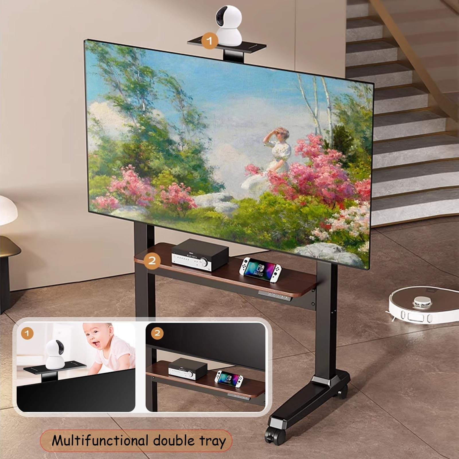 Stojak pod Telewizor, Mobilny Wózek Pod Telewizor na Kółkach, Przenośny Stojak Pod Telewizor do 70 Kg, Wózek Podłogowy pod Telewizor do Narożnej Sypialni, Biura