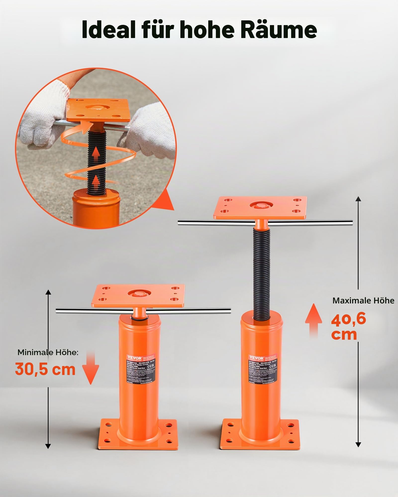 VEVOR Kellerheber, 2er-Set, Höhenbereich von 30,48-40,64 cm, max. Tragkraft pro Einheit: 40,6 kg, Verstellbarer Stützbalken, zum Nivellieren, Teleskop-Stahlheber für vorübergehende Unterstützung