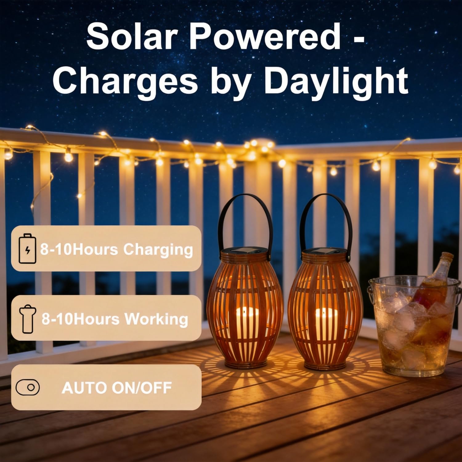 Confezione da 2 lanterne a energia solare con luce LED, design decorativo in tessuto, naturale e nero, per appendere all'aperto