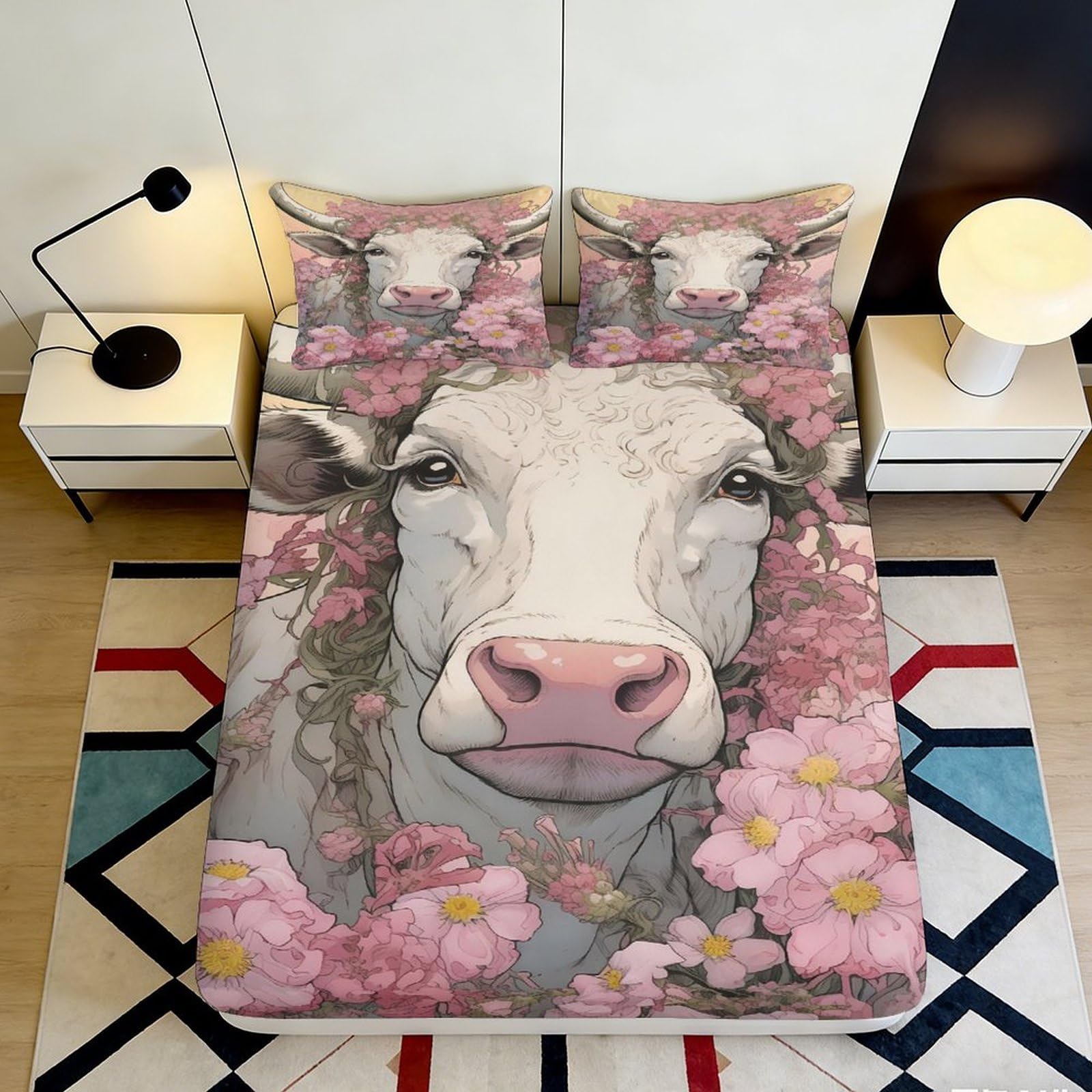 3D Printed Cartoon Cow Fitted Sheet Microfiber Deep Pocket Non-Slip Bedroom Bedding Full Wrap Washable Mattress Fitted Cover 160x200x25cm