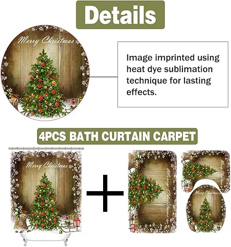 Miniatura 89 de Juego de 4 cortinas de ducha con alfombra antideslizante, cubierta para tapa de inodoro y tapete de baño, cortina de ducha de Papá Noel con 12 Papá
