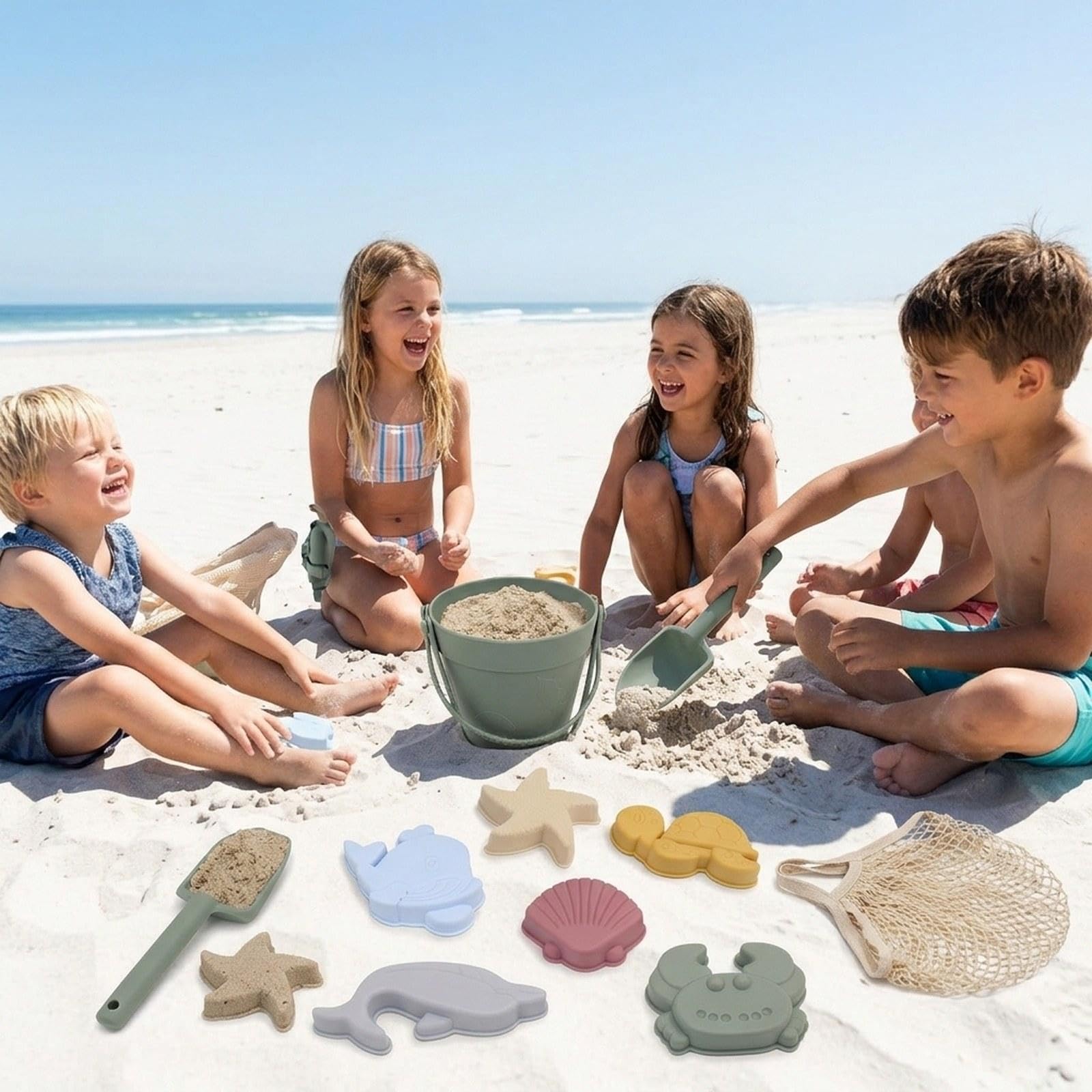 Jouets de Plage Seau Sable Silicone Moules Marin Sac de Transport Pratique et Adapté Aux Jeux Enfants Plein Plage Jardin En Toute, Vert