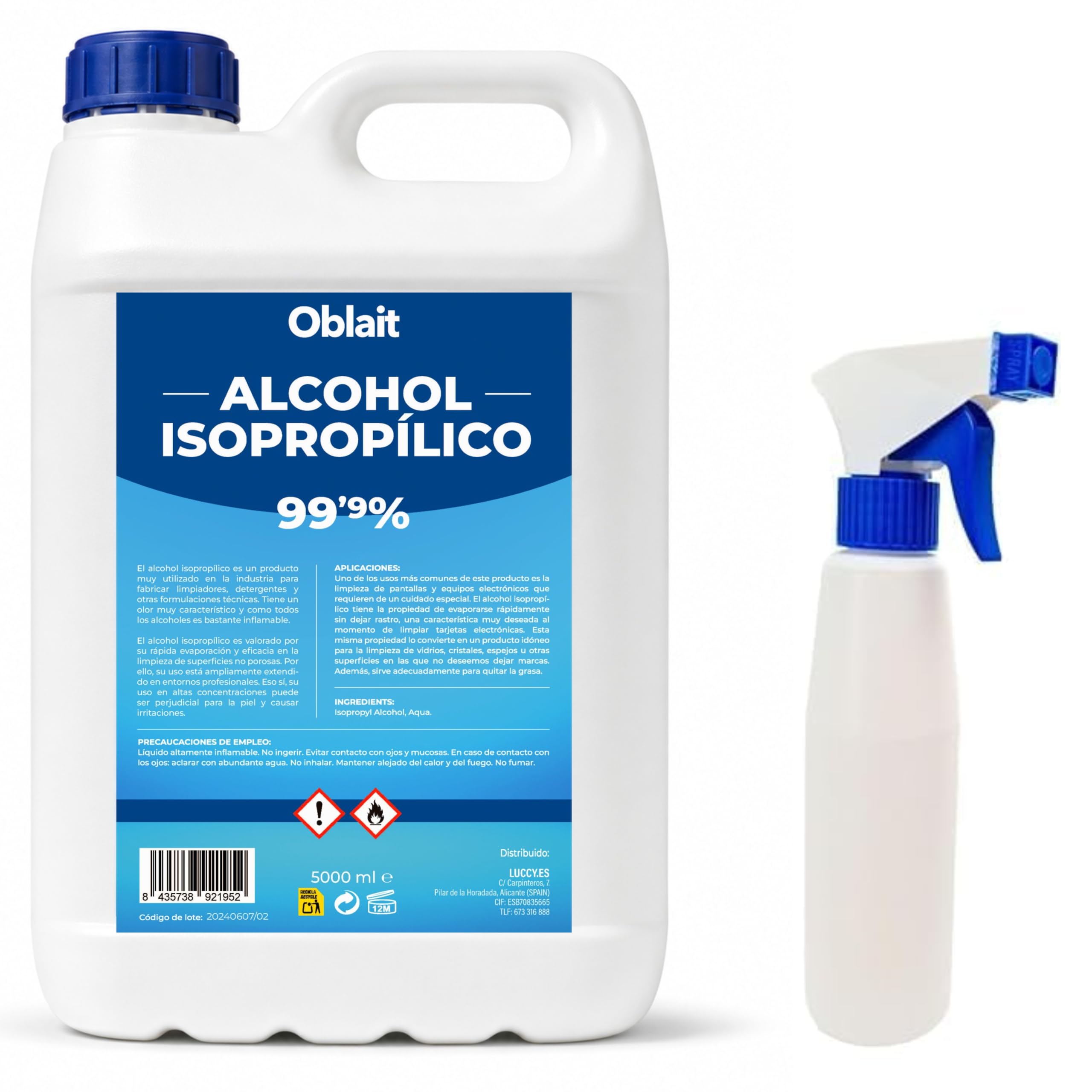 Alcohol Isopropílico 99,9% Puro 5L + Botella Spray Rellenable 250 ml | Isopropanol | Limpieza de Componentes Electrónicos y Superficies