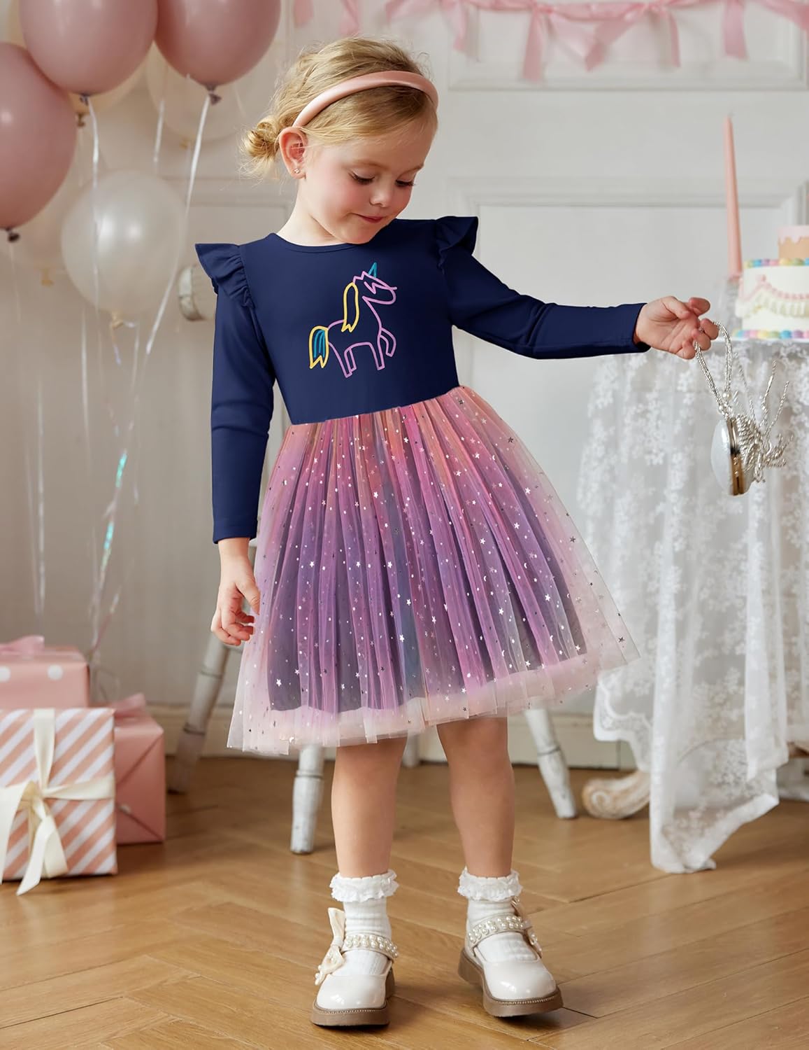 Arshiner Toddler Girls Tutu Dresses Long Sleeve Ruffle Fall Winter Holiday Star Sequin Tulle Dress 2-6Y - Image 5