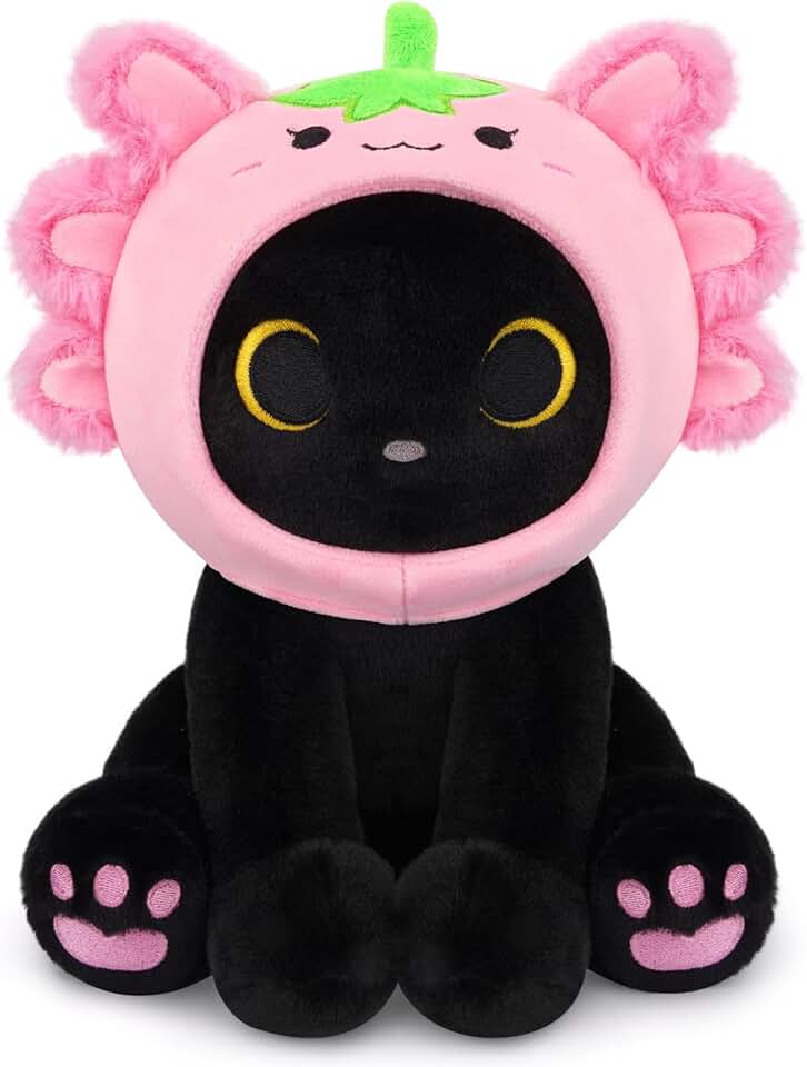 Axolotl Plush Toy, 8inch Kawaii Black Cat Wear Strawberry Plush Removable Hood, Cute Plushies Soft Stuffed Animal Doll, Valentine's Day Birthday Gift for Kids Boys Girls Adults