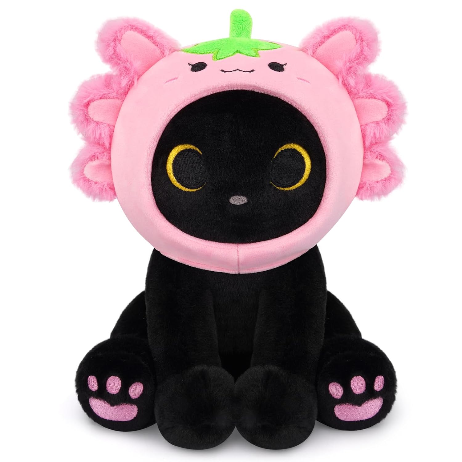 Axolotl Plush Toy 8inch Kawaii Black Cat Wear Strawberry Plush Removable Hood Cute Plushies Soft Stuffed Animal Doll