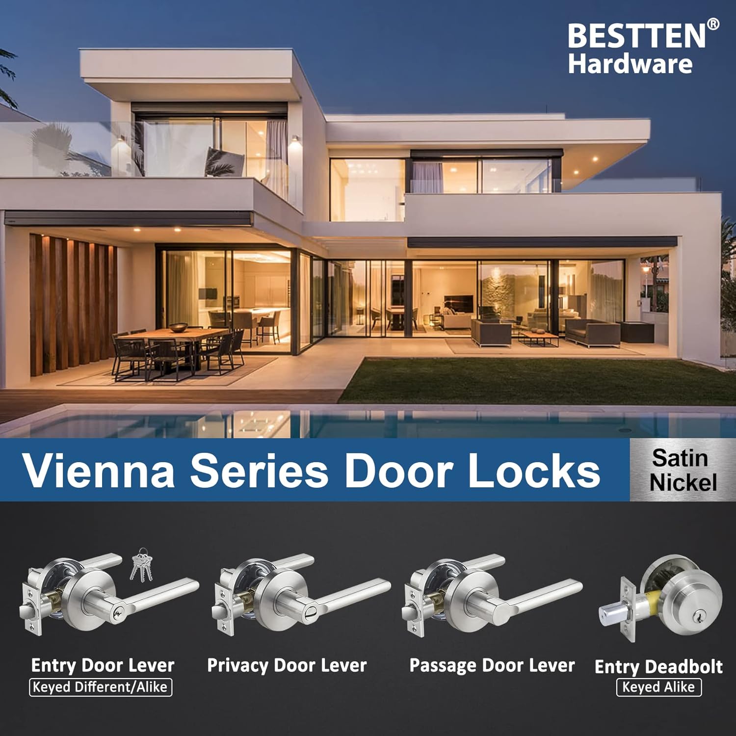 Get Popular Offer [10 Pack] BESTTEN Privacy Door Lever with Removable Latch Plate, All Metal Door Handle, Commercial and Residential, Contemporary Round Design Interior Door Handle, Satin Nickel, Vienna Series