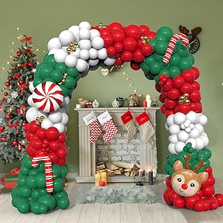 BACOKEY 167Pcs Christmas Balloon Garland Arch Kit, Xmas Red Green White Gold Balloon Arch with Candy Cane Balloons Elk Foil Balloons for Christmas New Year Party Decorations