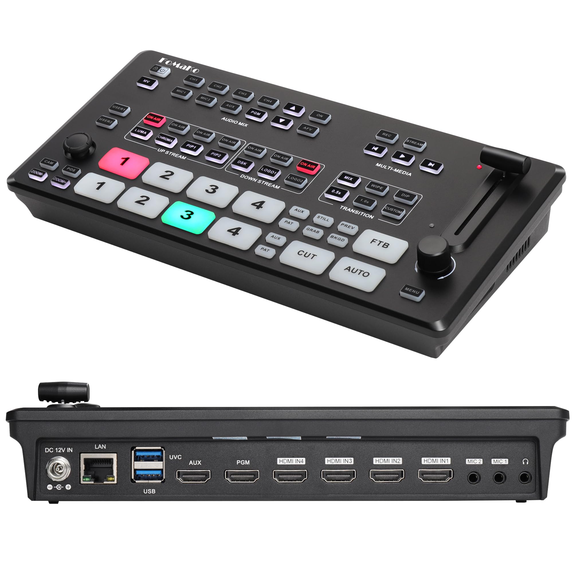 FoMaKo 4K HDMI Video Mixer Switcher, 5-Channel Live Streaming Switcher, 4K 60FPS Input, 1080p 60FPS Output, Support PTZ Controller, HDMI Video Switcher, M1