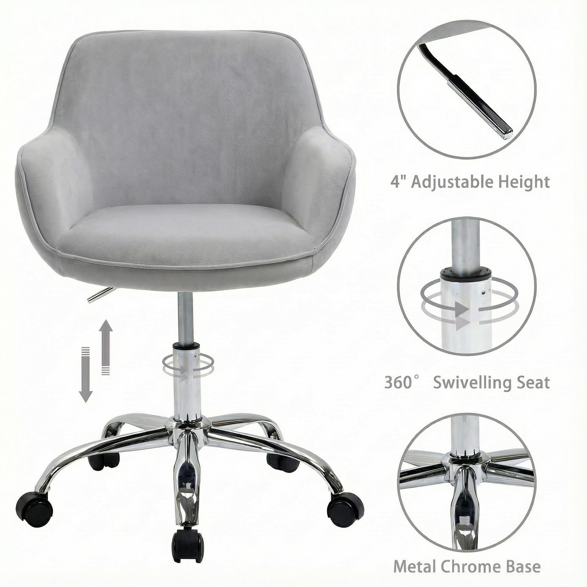 SEPNINE Sedia Da Ufficio Ergonomica In Velluto Grigio | Con Ruote E Schienale A U | Regolabile In Altezza | Portata 130 Kg | Per Scrivania E Camera Da Letto
