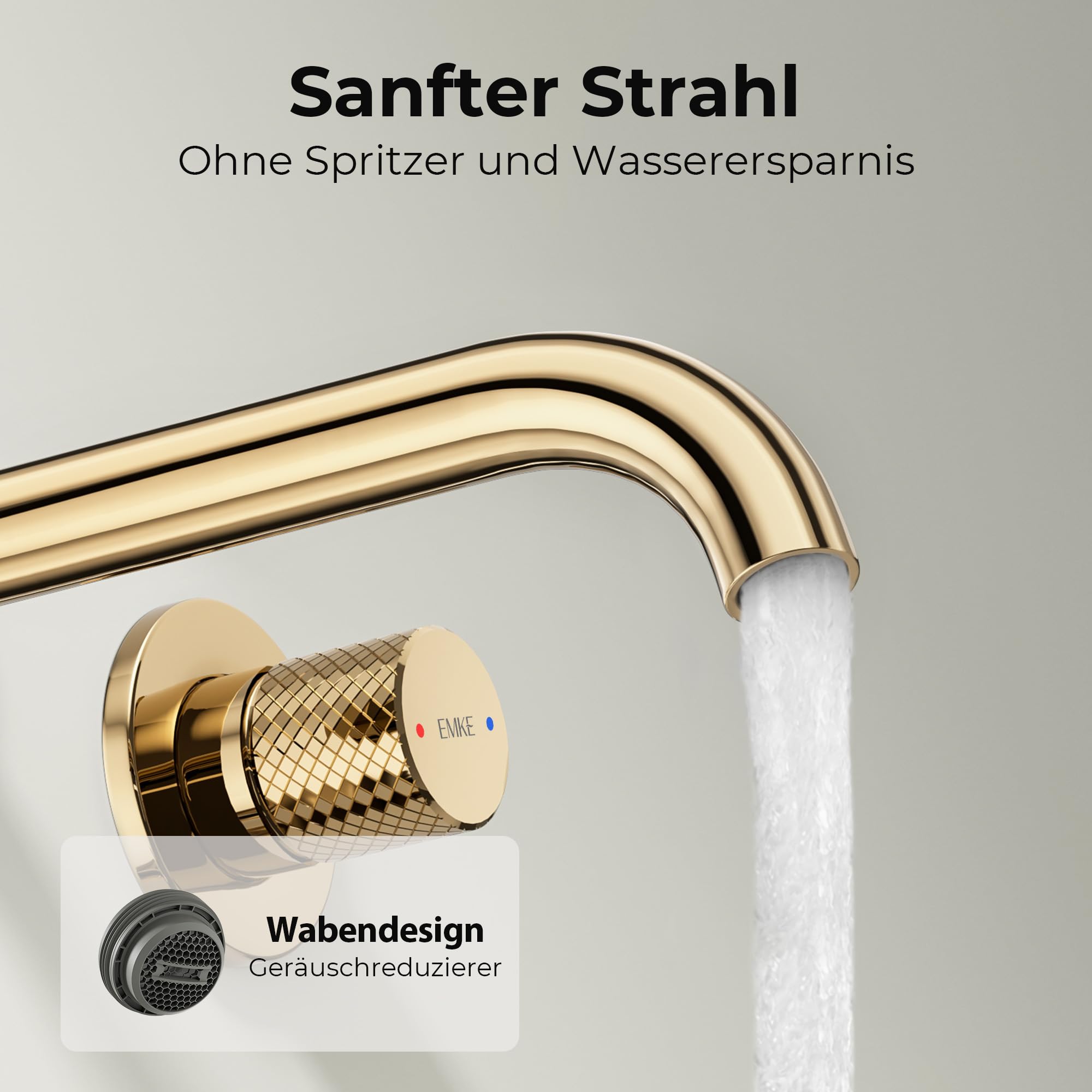 EMKE Waschtischarmatur Unterputz für Wandmontage, Wasserhahn Bad Unterputz, Mischbatterie Waschbecken wassersparend, Einhebelbatterie Armatur mit Auslauflänge 17 cm 4MS-Messing, Champagnergold