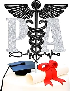 PA Cake Topper, Congrats Physician Associate Grad, Med School Survivor, Medical Doctor School Graduation Party Decorations Supplies, Black and Silver Glitter