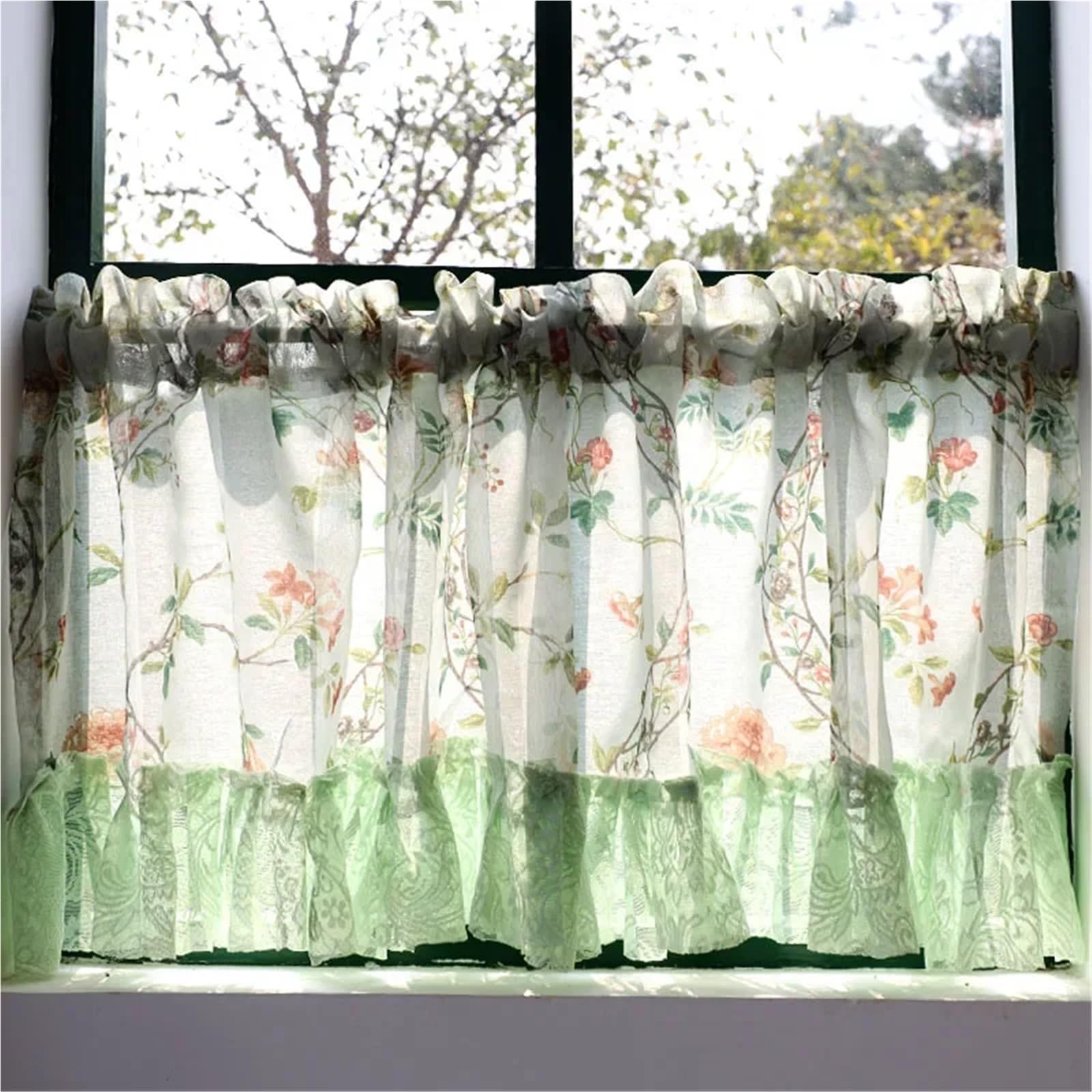Ländliche Tüll-Halbgardinen mit Blumenmuster for die Küche, Vintage, hellgrüne Blumen, Spitze, kurz für Kleine Fenster(1PC W150XH40CM)