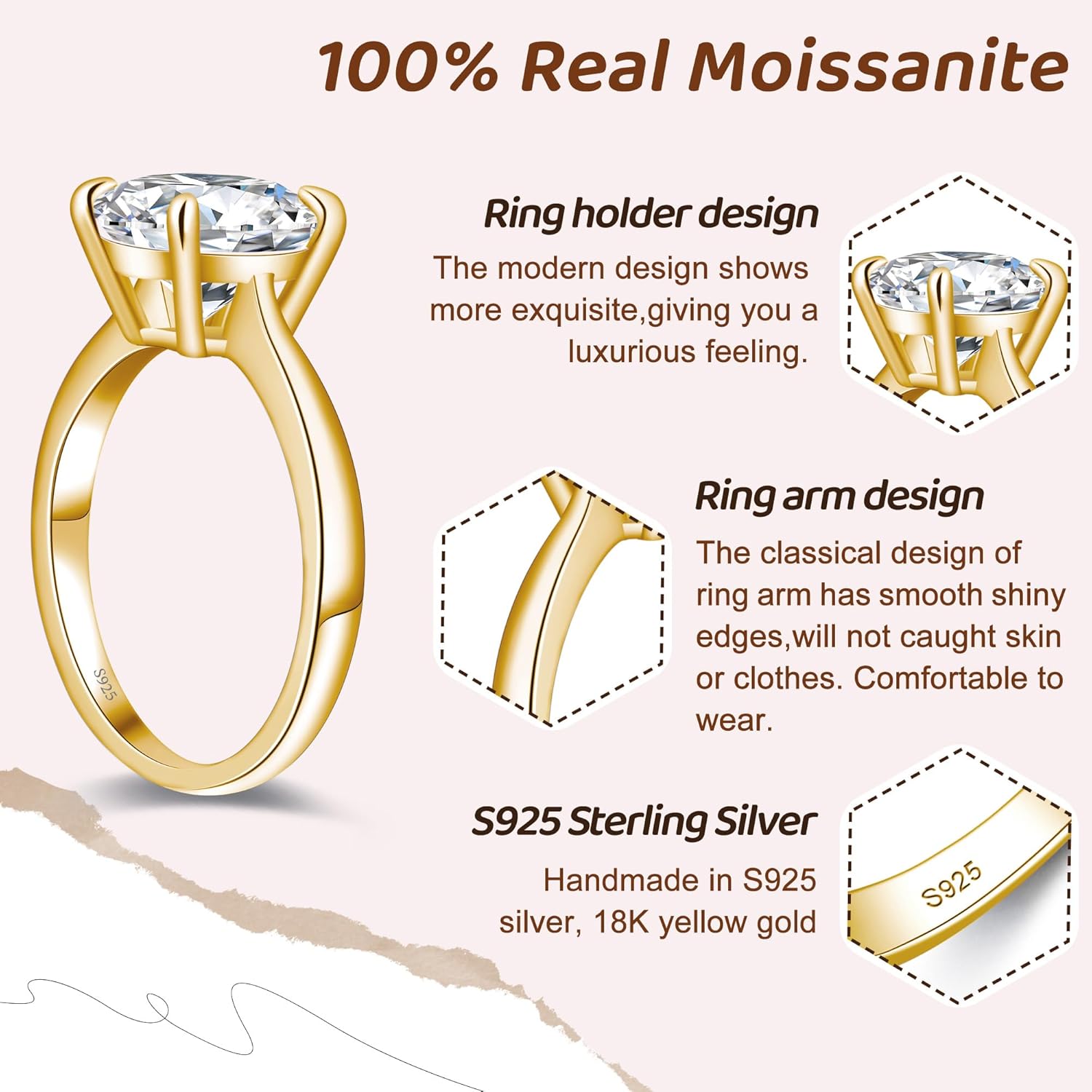 2CT Round Moissanite Engagement Rings for Women,Women's Solitaire Engagement Moissanite Promise Rings 925 Sterling Silver with 18K Yellow Gold Plated,VVS1 Moissanite Ring Size 8 - Image 3
