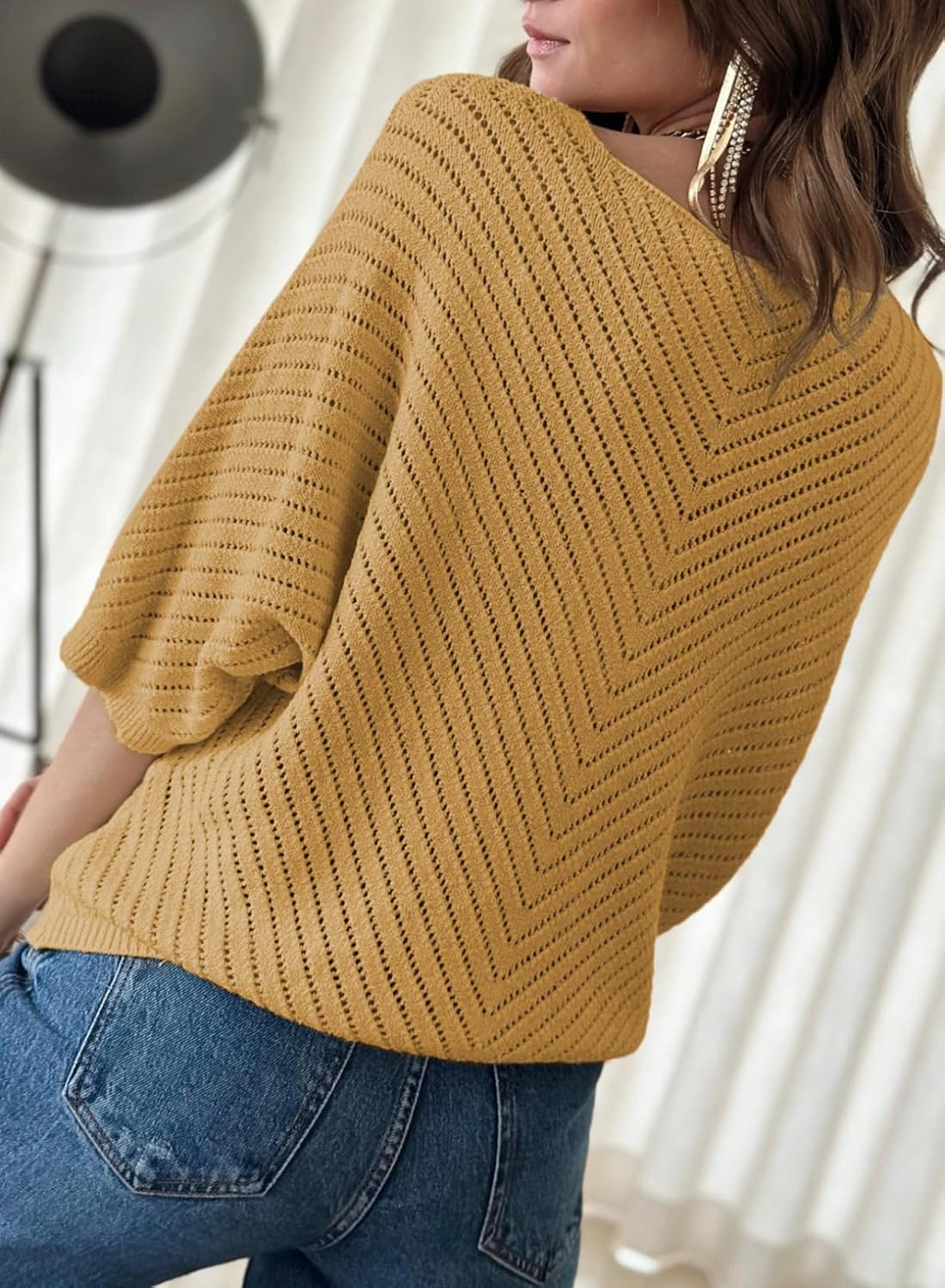 Dokotoo Womens Plus Size 3/4 Sleeve V Neck Loose Pullover Knit Sweaters for Women Fall Tunic Tops Jumper Knitted Casual Top Lightweight Summer Sweater 2026 Trendy Beige XX-Large - Image 4