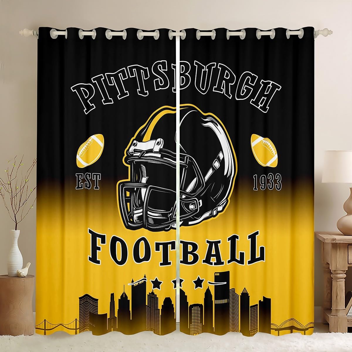 Erosebridal American Football 42" Wx84 L Window Treatments Drapes for Kids Boys Teen Adults,Sports Rugby Blackout Curtains Football City Window Curtains 2 Panel Sets(Pittsburgh)