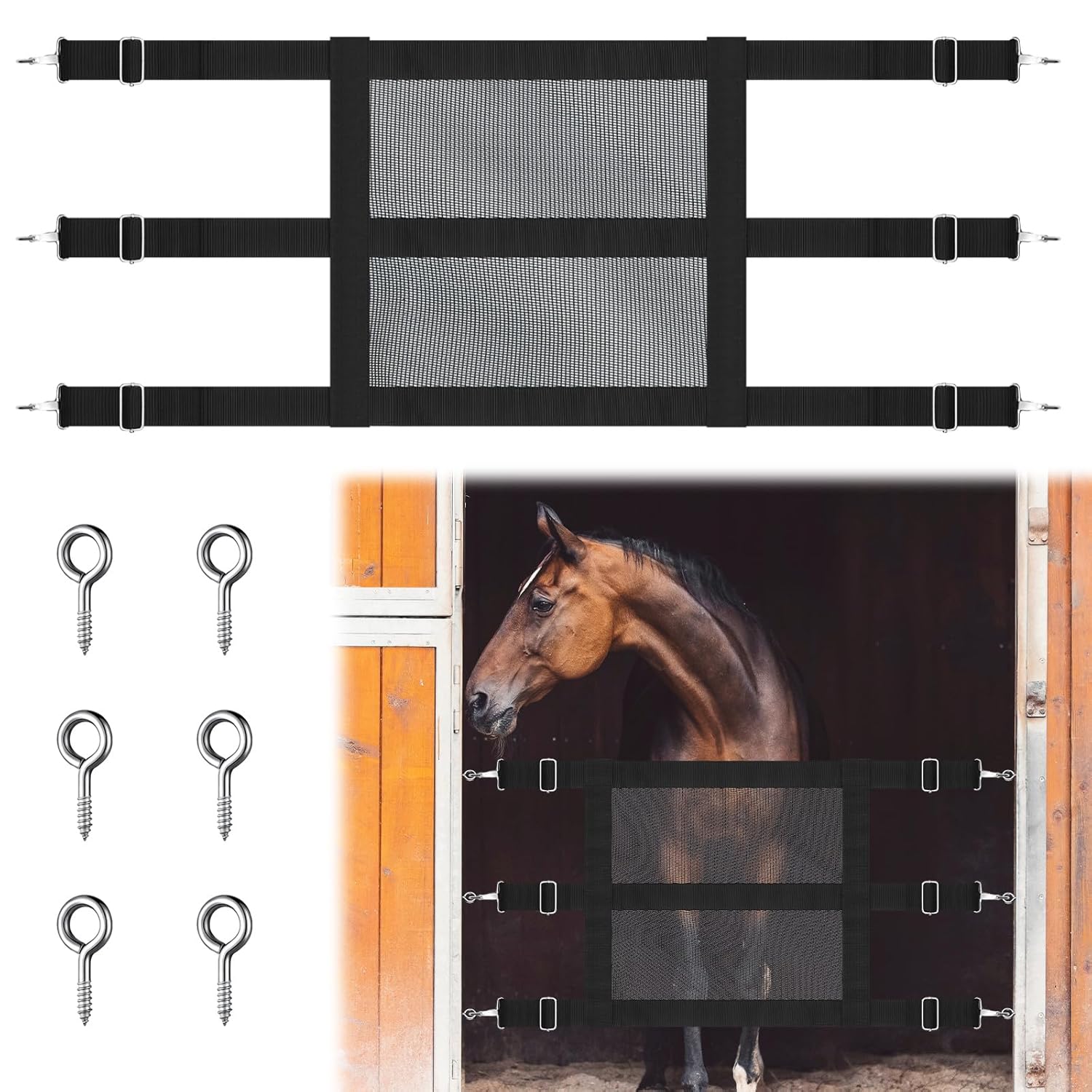 Nylon Stall Guards for Horses with Adjustable Straps and Sturdy Snap Hooks 57 x 18 Inch Mesh Doors for Horses Black Stall Gate with 6 Nails to Keep Horse Securely