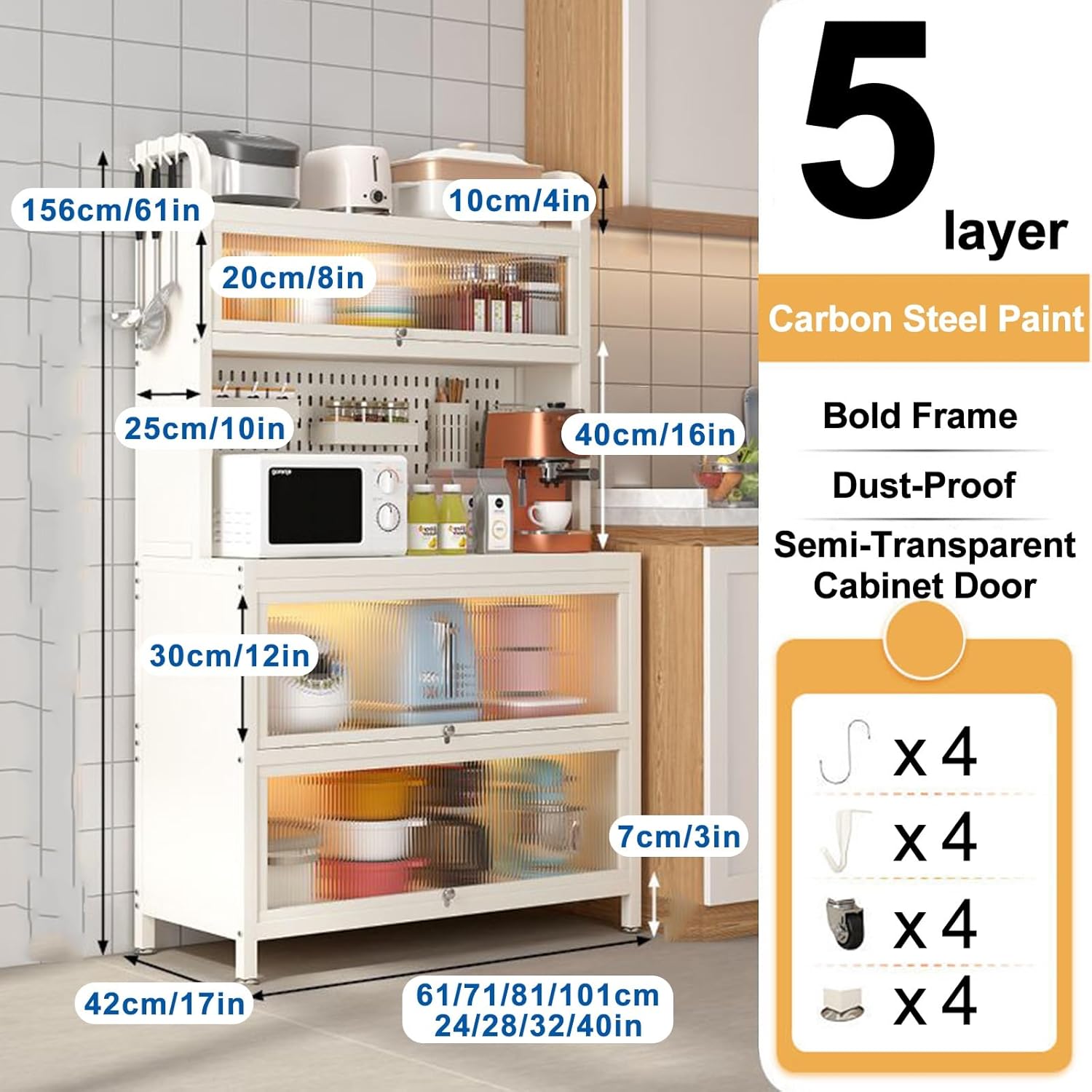 Kitchen Floor Cupboard Tall Storage Cabinet with Flip Doors Adjustable Shelves Kitchen Storage Sideboard with Countertop Free Standing，5-Tier Microwave Oven Rack with Cabinet, Kitchen Baker'