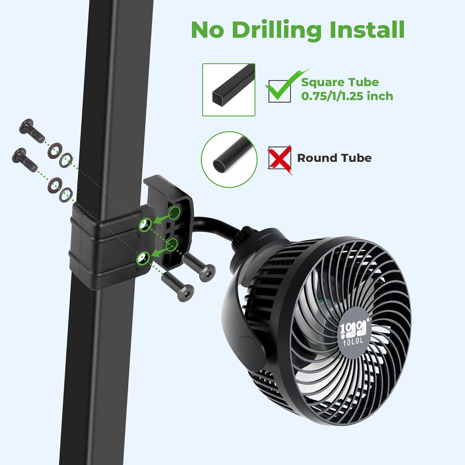 10L0L Universal Golf Cart Fan Fits Yamaha/EZGO/Club Car, Fixed Bracket 360°Degree Rotational Fan, 3 Speed Adjustment, Support for Reverse Charging and Emergency Lighting-Black