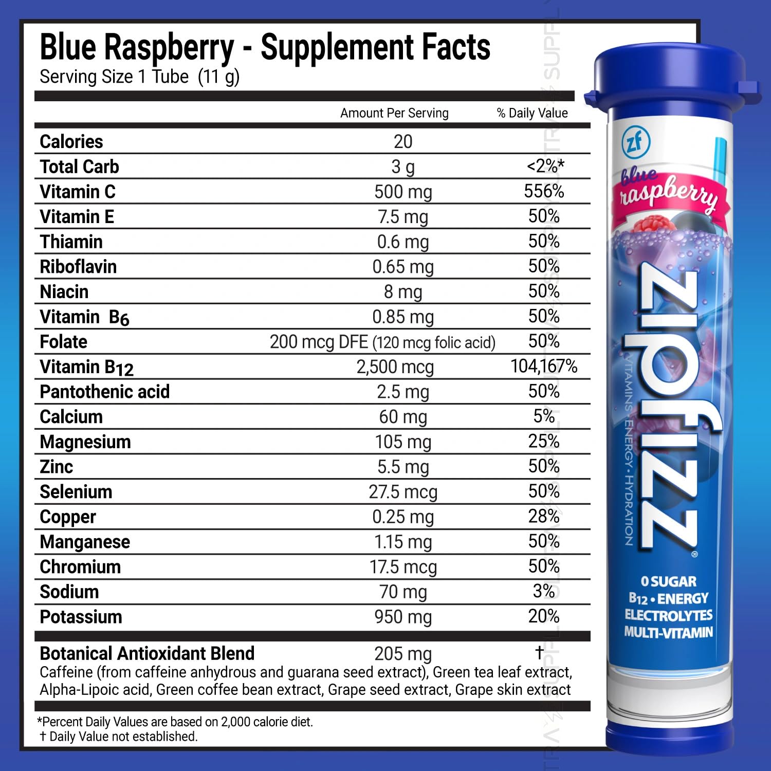 Zip_fizzs Vitamin Energy Hydration Drink Mix, Blue Raspberry Limon Flavors, 30 Count (Split Box), 100% Daily Vitamin C & B12, Caffeine from Natural Sources, Zero Sugar, Low Calorie