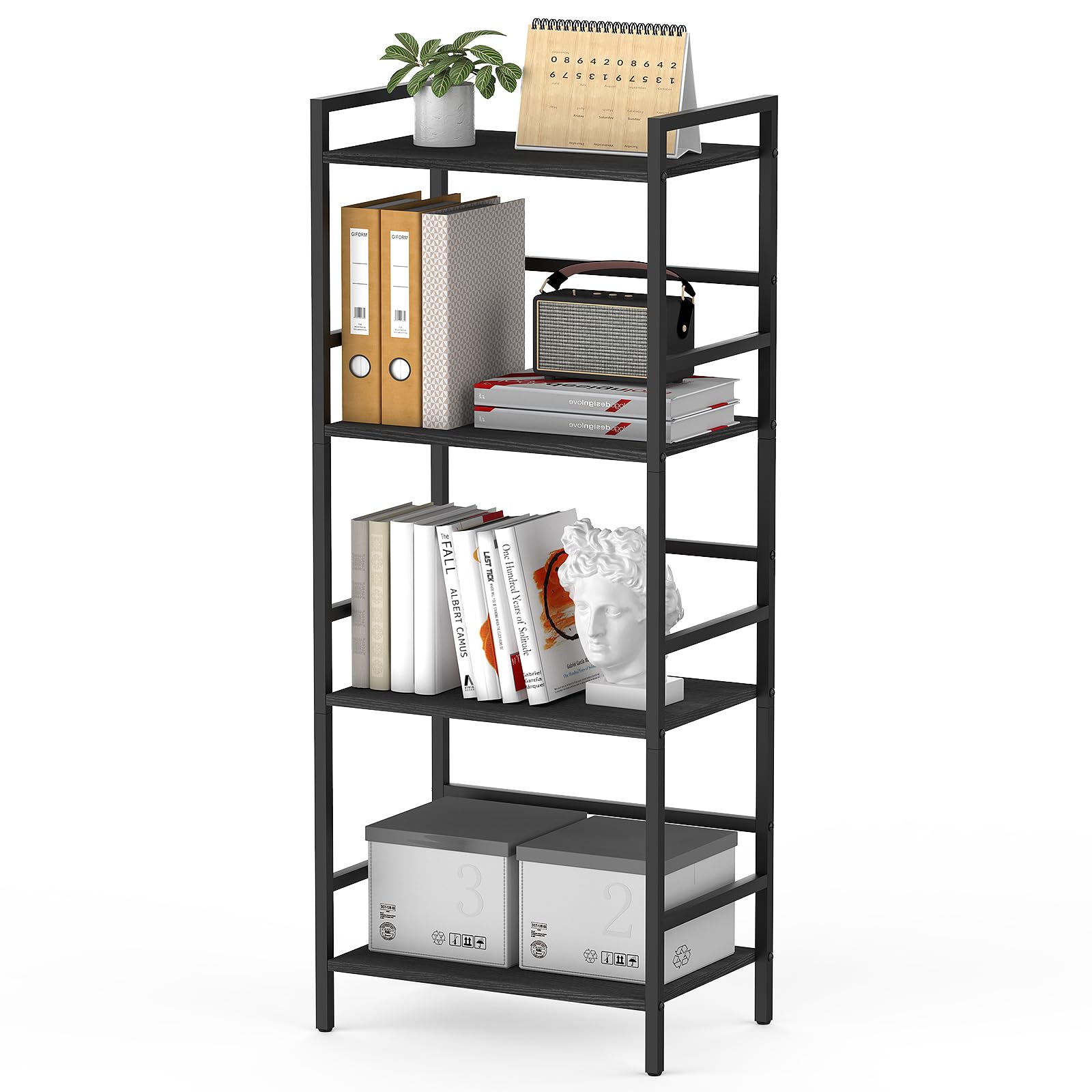 CADUKE 4-stufig Bücherregal, Standregal mit Holzablagen, Schwarzes Küchenregal, Industrielles Aufbewahrungsregal für Wohnzimmer, Büro, Schlafzimmer, 43 x 28 x 102 cm