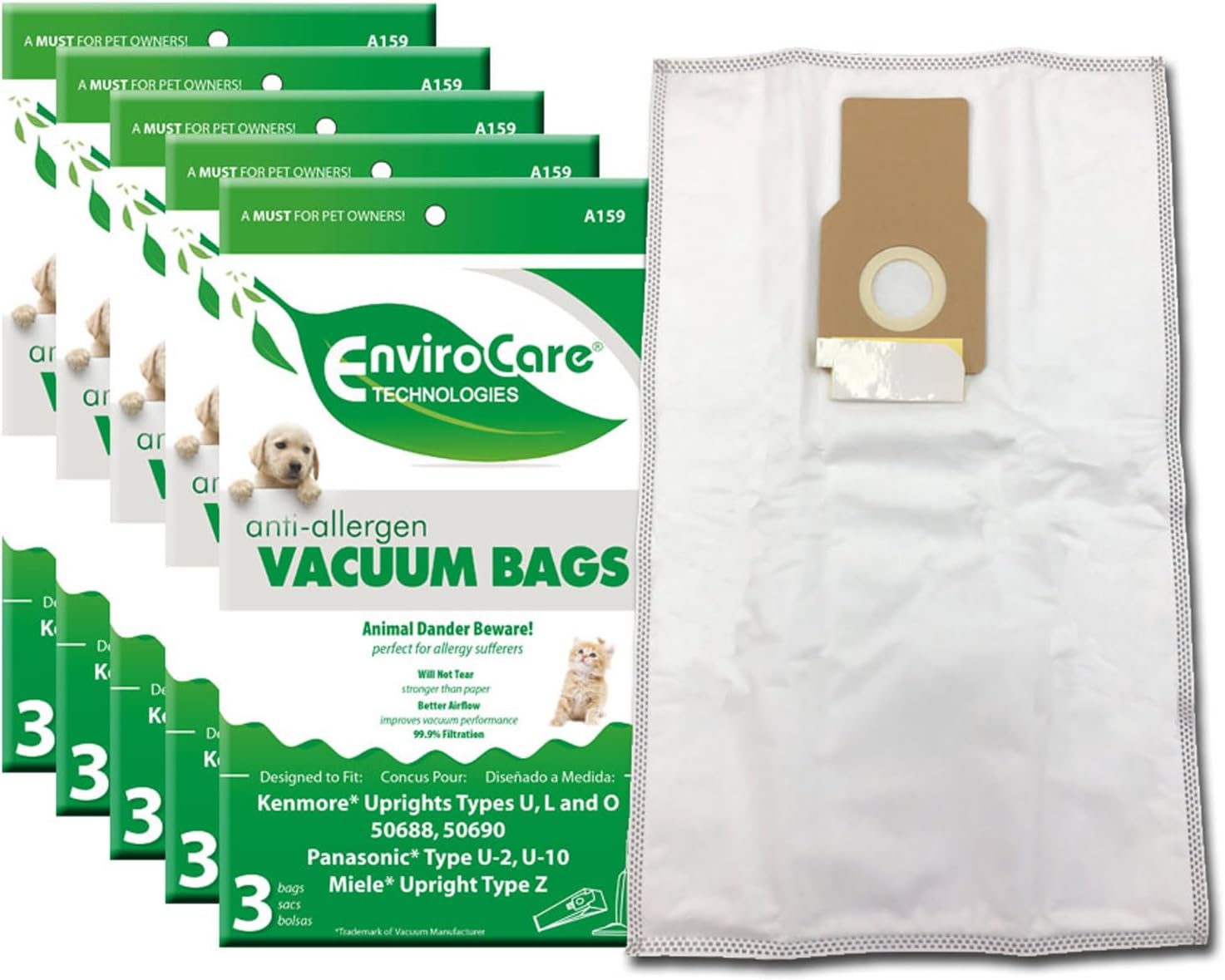 EnviroCare Replacement Allergen Vacuum Bags Designed to fit Kenmore 50688 and 50690 Type U, L, and O, Panasonic Type U-2, U-10 Uprights 15 Pack