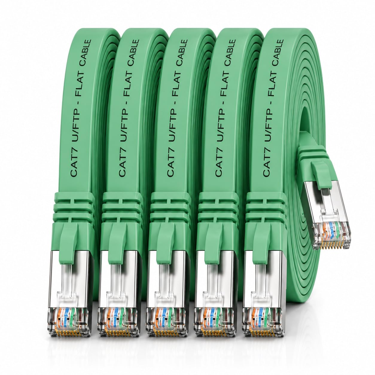 1aTTack.de Cat.7 Gigabit Ethernet LAN Flat Ribbon Cable (RJ45), Network Cable, Raw Cable, (10 Gbit/s) Installation Cable, Flat Slim Compatible with Cat. 5 - CAT. 5e - CAT. 6 Green - 5 Pieces 5 m