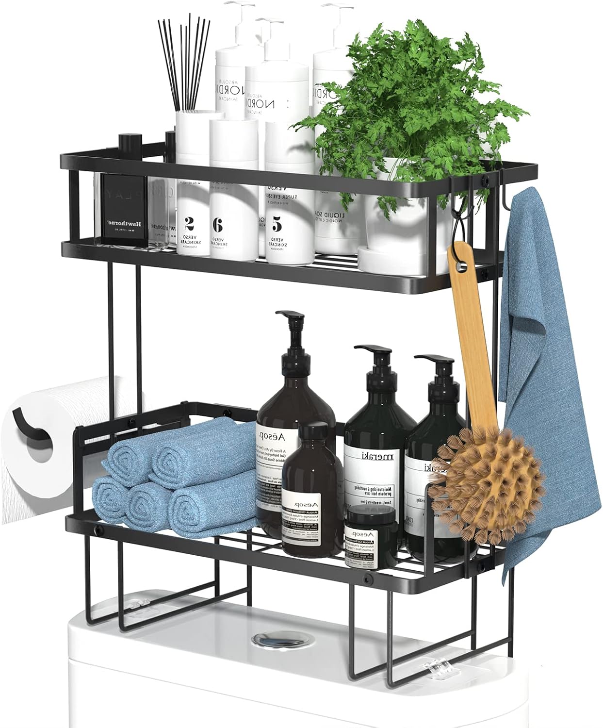 Over Toilet Storage Shelf, 2 Tier Bathroom Organizer, Free Standing Restroom Organizers for Paper Towels Shampoo, with Adhesive Base and Hooks, Anti-Tilt No Drilling Wall Mounting Rack, Space Saver