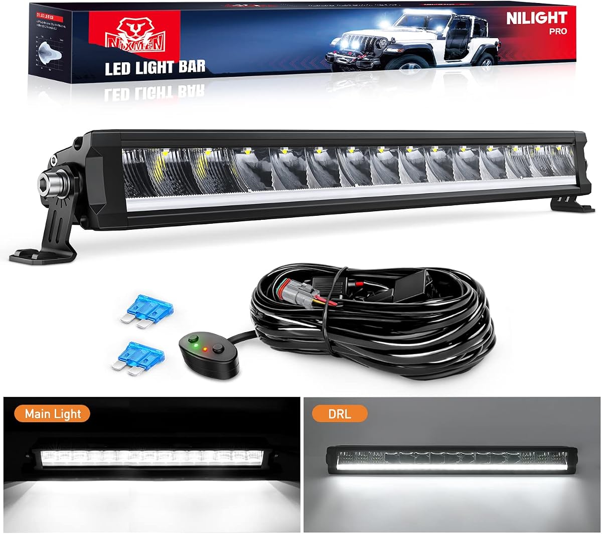 Nilight Pro Series 19.5 Inch Single Row Slim LED Light Bar with DRL | 75W 8045LM Spot & Flood Beam IP68 Off-Road Driving Lights & 16AWG DT Wiring Kit for Truck, Jeep, SUV, ATV & UTV
