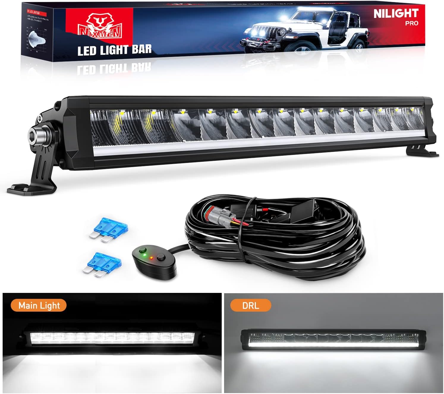 Nilight 19.5 Inch Single Row Slim LED Light Bar 75W 8045LM Anti-Glare Flood Spot Combo DRL Offroad Driving Lamp IP68 w/ 16AWG DT Wiring Kit for Pickup Truck SUV ATV UTV Boat 4x4 Jeep