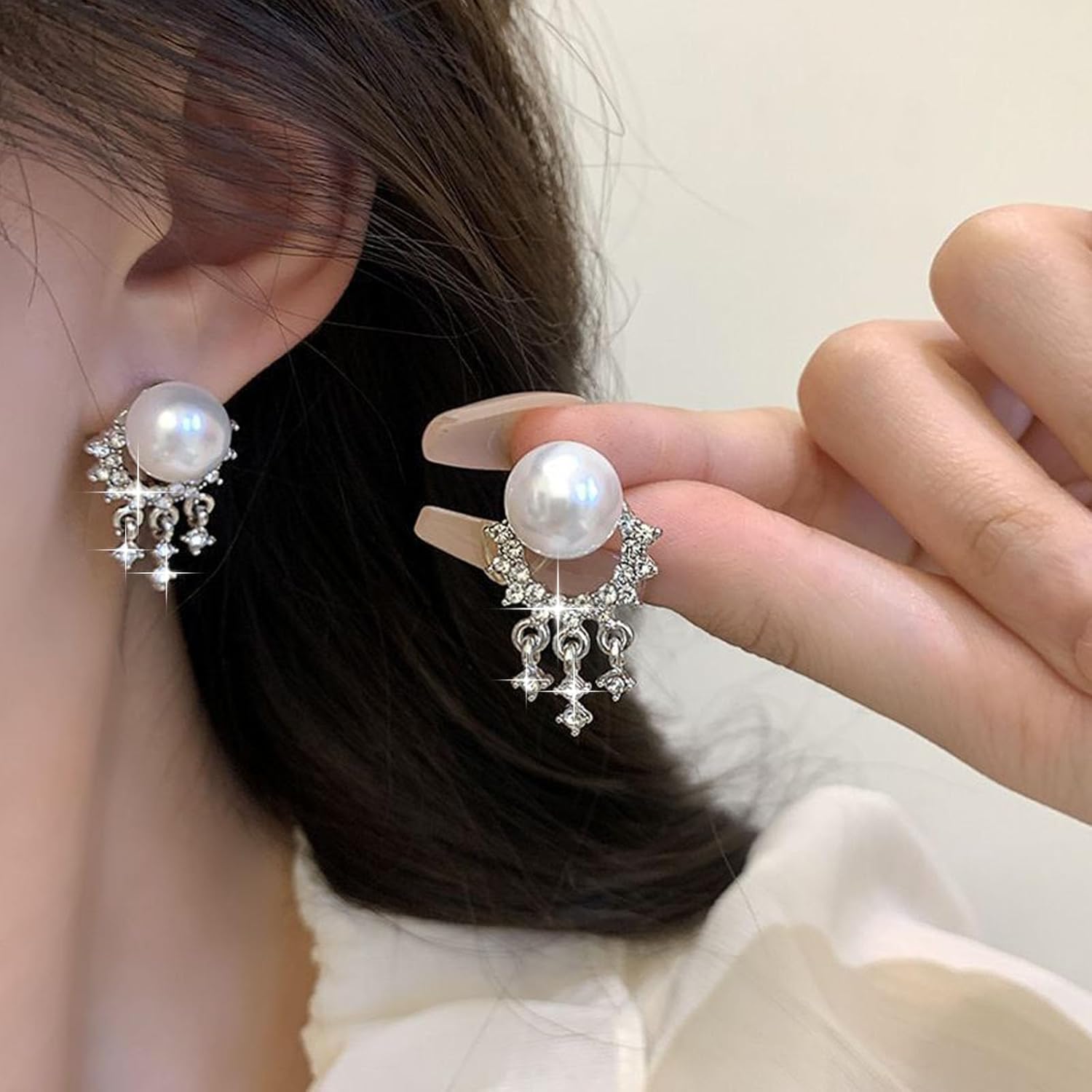 Vintage Crystal Pearl Earrings Silver Cz Tassel Earrings Rhinestone Pearl Stud Earring Crystal Chandelier Drop Earring Jewelry for Women - Image 5