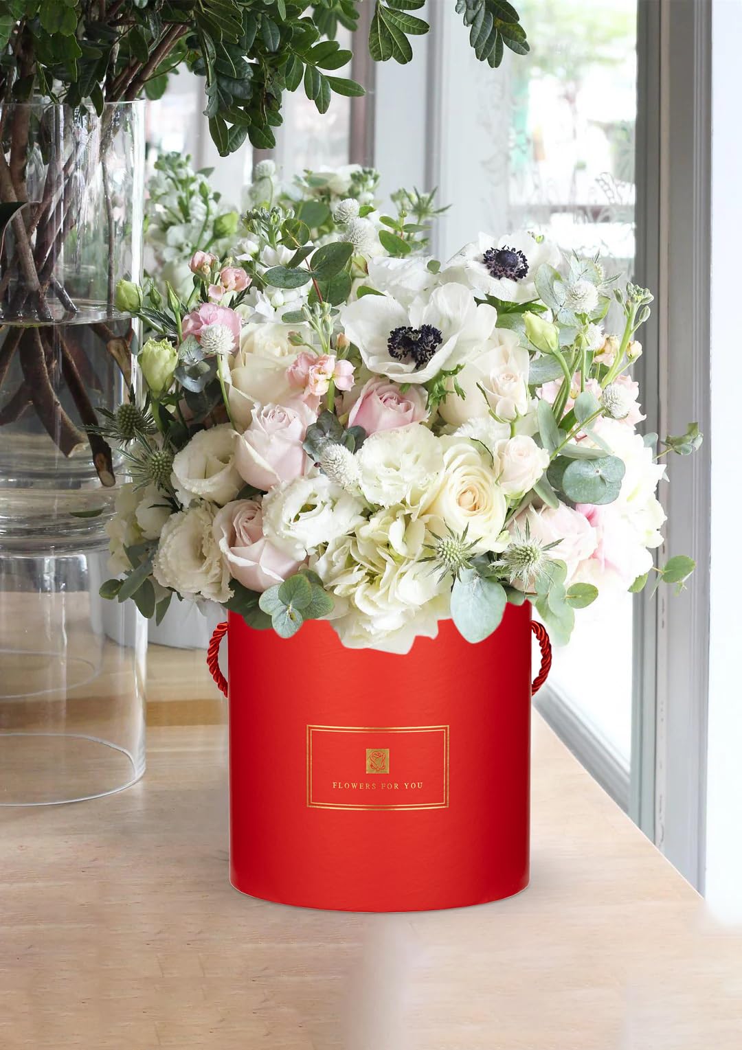 Oairse Set of 3 Round Gift Boxes with Lids and Handles Red Flower Boxes for Arrangements Decorative Hat Boxes for Gifts Weddings - Image 4