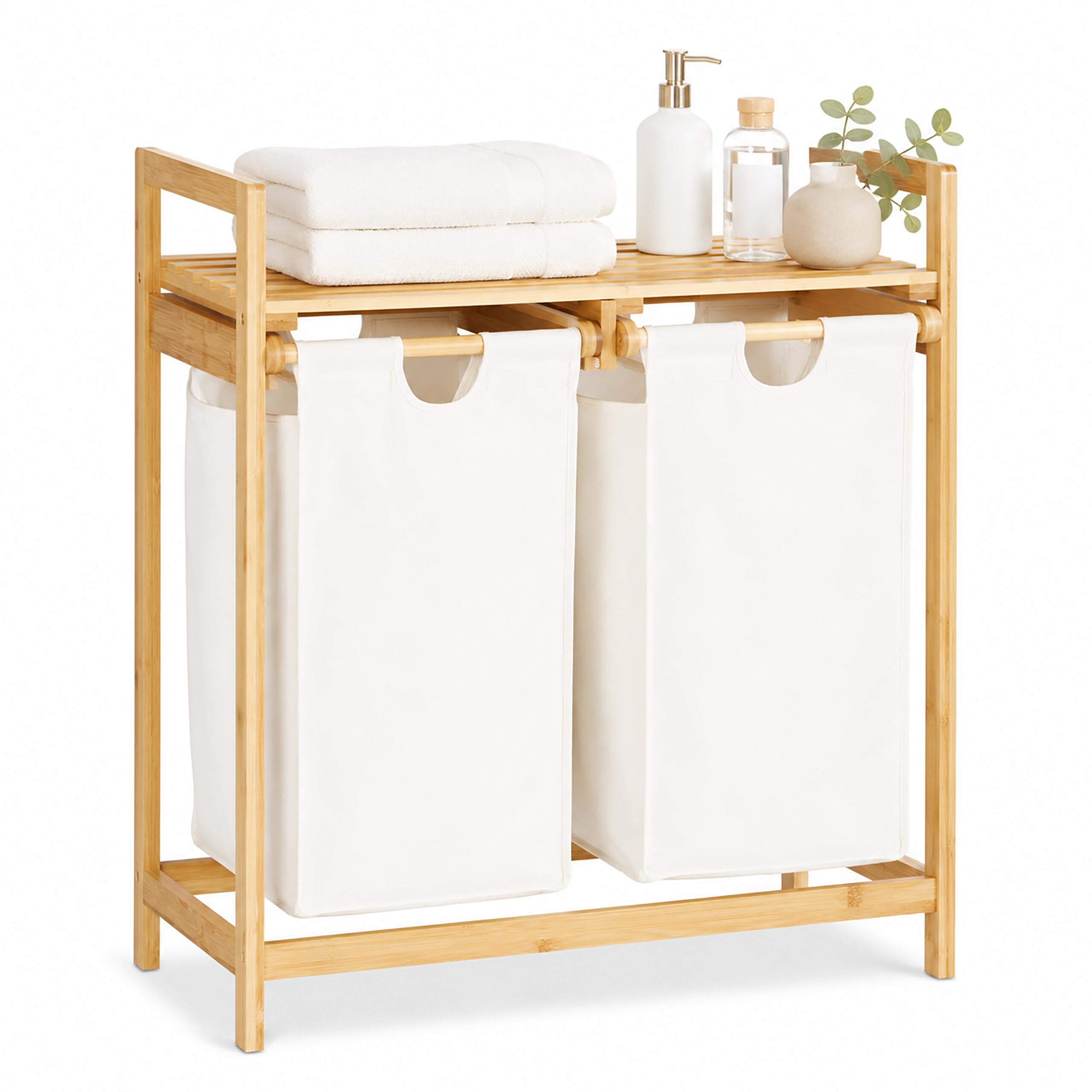 Relaxdays Wäschekorb Bambus, Wäschesortierer mit Ablage, 2 Fächer, ausziehbar, tragbarer Wäschebehälter, 60 Liter, Natur, 1 Stück, Weiß