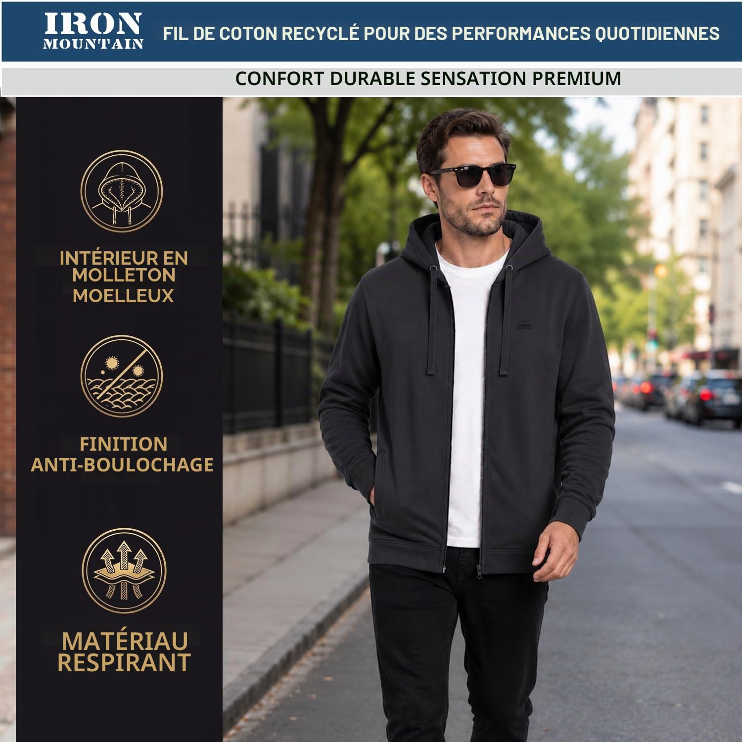 Iron Mountain Sweat à Capuche Zippé en Polaire pour Homme – Hoodie souple et confortable avec poignets côtelés