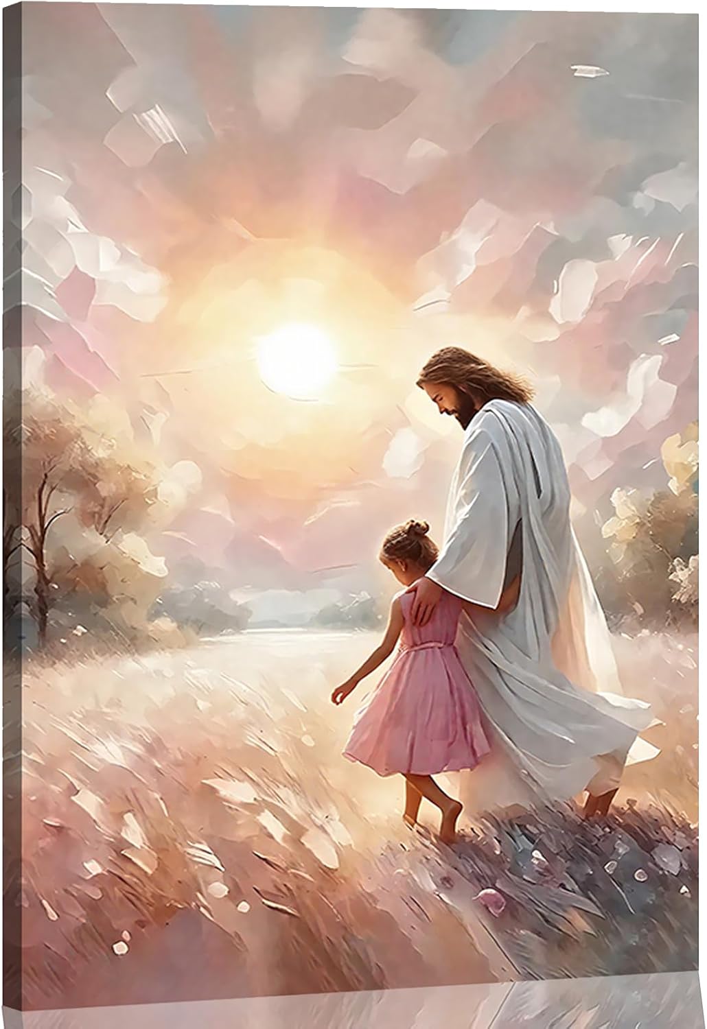 Jesus and Girl Wall Art Christian Poster Painting Jesus and Children Canvas Art Print Soft Pink Sunset Landscape Wall Decor Picture For Baby Girl Room Nursery Room Living Room Bathroom Religious Decorations 16*24 in (Canvas)