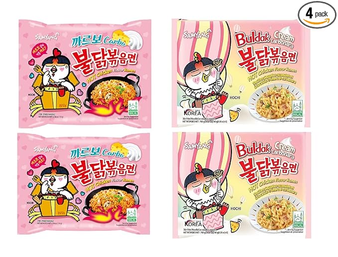 Samyang Buldak Carbo Pasta Noodles & Buldak Cream Carbonora Instant Noodles (Pack of 4) (560gm) (Imported) Instant Noodles Non-vegetarian (4x140 g)(Combo Pack)